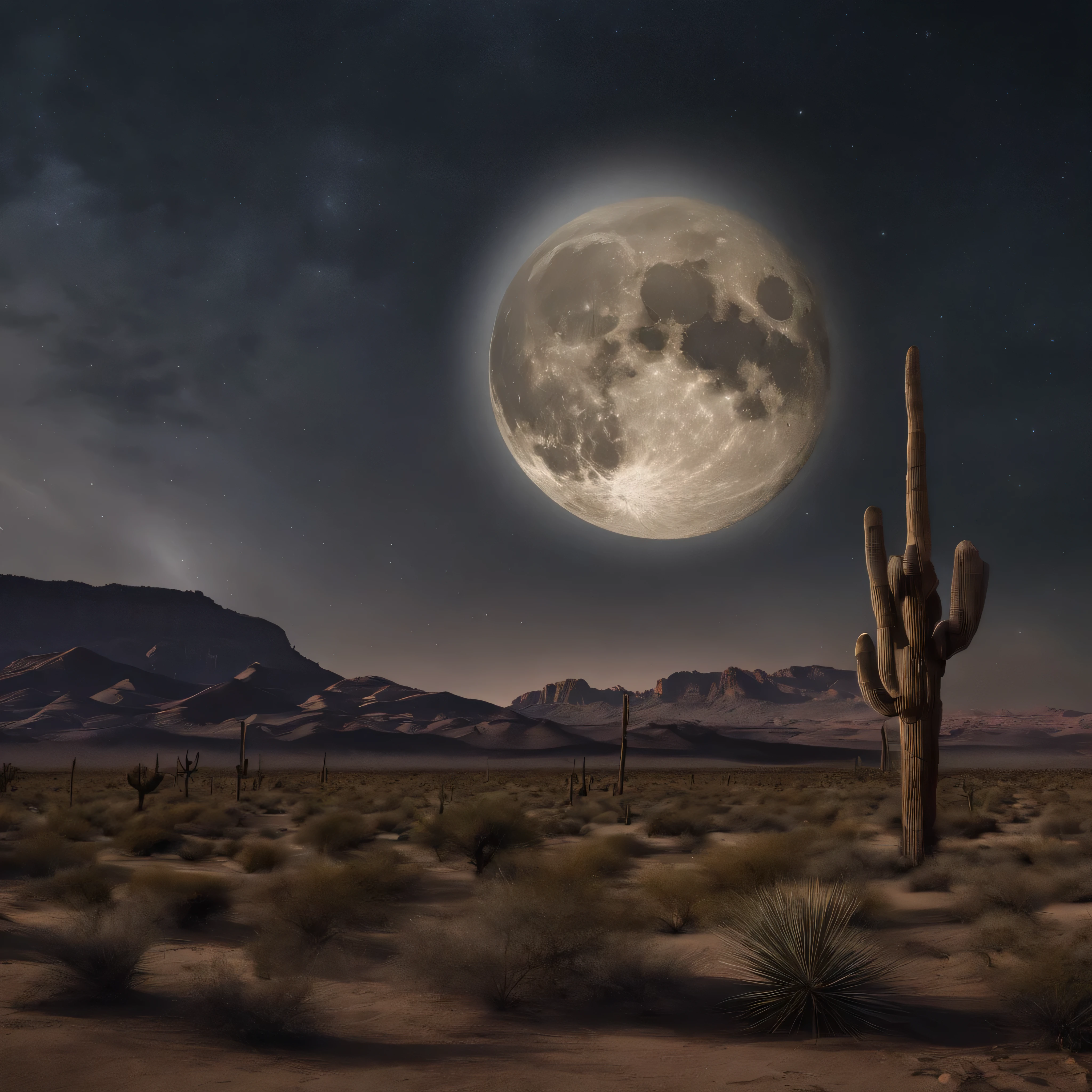A desert,mid night,The moon and stars flutter