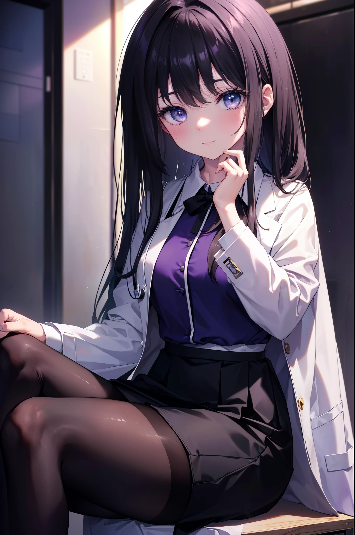 Takiuchi Kame, check it out, long hair, bangs, black hair, (purple eyes:1.2),smile,blush,(Photorealistic beautiful doctor sitting on chair with legs crossed)、amazingly beautiful、((doctor&#39;s white coat)), collared shirt、doctor style)), ,(( silk blouse、black tight skirt、 black pantyhose))、Examination room, 
break (masterpiece:1.2), highest quality, High resolution, unity 8k wallpaper, (figure:0.8), (detailed and beautiful eyes:1.6), highly detailed face, perfect lighting, Very detailed CG, (perfect hands, perfect anatomy),