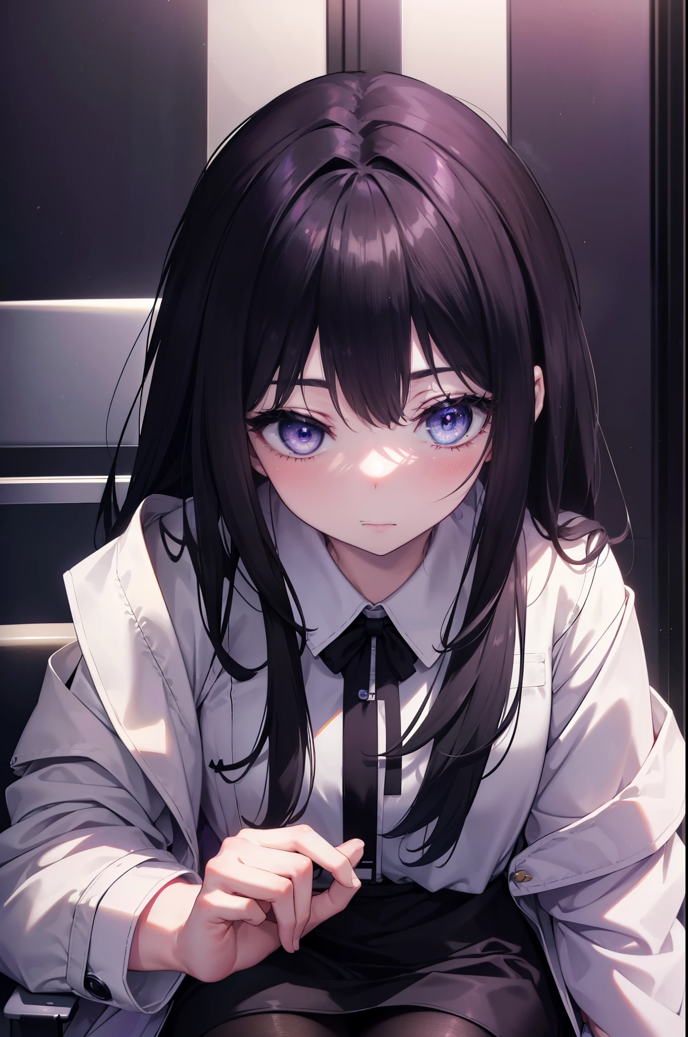 Takiuchi Kame, check it out, long hair, bangs, black hair, (purple eyes:1.2),smile,blush,(Photorealistic beautiful doctor sitting on chair with legs crossed)、amazingly beautiful、((doctor&#39;s white coat)), collared shirt、doctor style)), ,(( silk blouse、black tight skirt、 black pantyhose))、Examination room, 
break (masterpiece:1.2), highest quality, High resolution, unity 8k wallpaper, (figure:0.8), (detailed and beautiful eyes:1.6), highly detailed face, perfect lighting, Very detailed CG, (perfect hands, perfect anatomy),