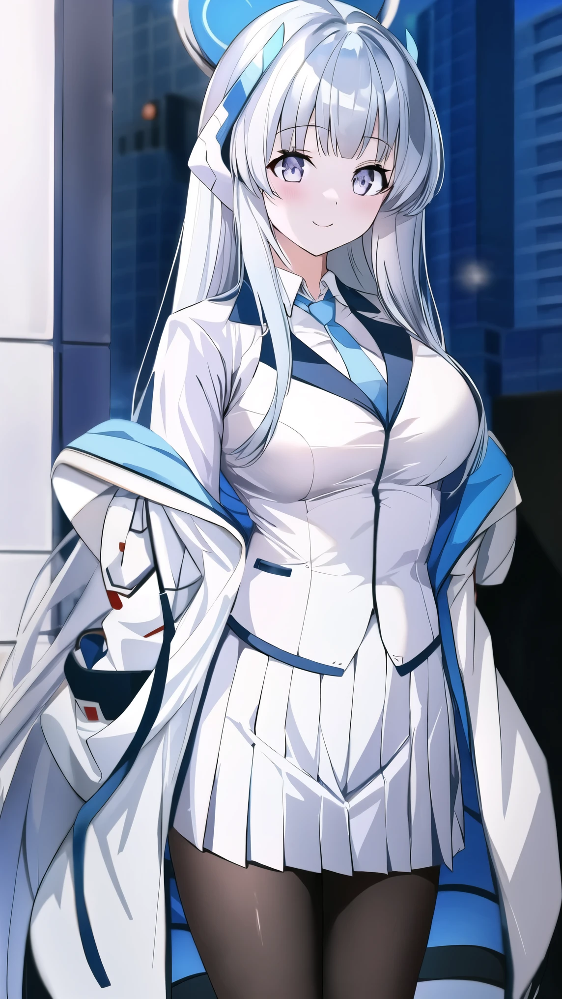 (A superb exquisite ushio noa), 8k, Ultra high resolution, (masterpiece:1.2), (best quality, finely detailed beautiful eyes), extremely delicate, solo, real light and shadow, standing, natural moving, BREAK (blue necktie, white shirt, off shoulder, white jacket, open jacket, long sleeves, white skirt, pleated skirt, black pantyhose), outdoor,