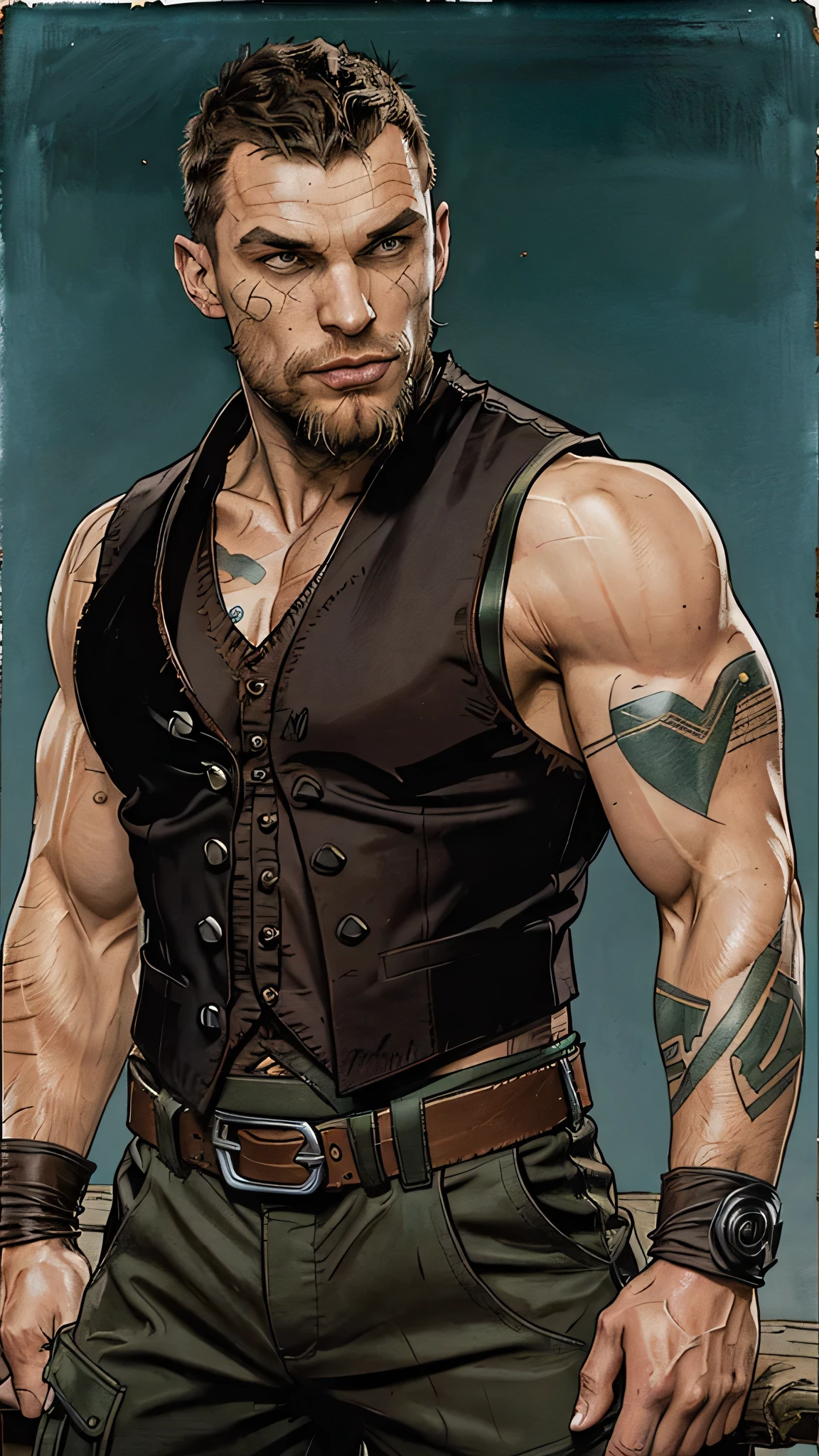 ((Ed Skrein)) as Jarek from Mortal Kombat, muscular aggressive fighter, ((very short unkempt hair)), ((goatee beard)), ((torn sleeveless brown vest)), cargo green pants, fingerless gloves, boots, belts, straps, face scars, symbolic tattoos on arms, 1man, solo, intricate, high detail, sharp focus, dramatic, photorealistic painting art by greg rutkowski