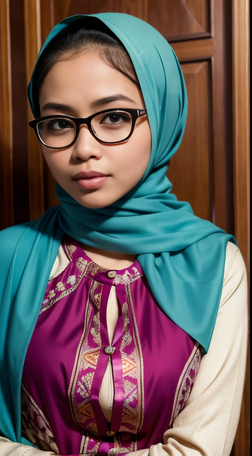(iu:0.6), RAW, Best quality, high resolution, Masterpiece: 1.3, Beautiful glasses javanese woman in colorful hijab, Masterpiece, Perfect slim body, Beautiful big eyes, Soft smile, Wearing open chest batik