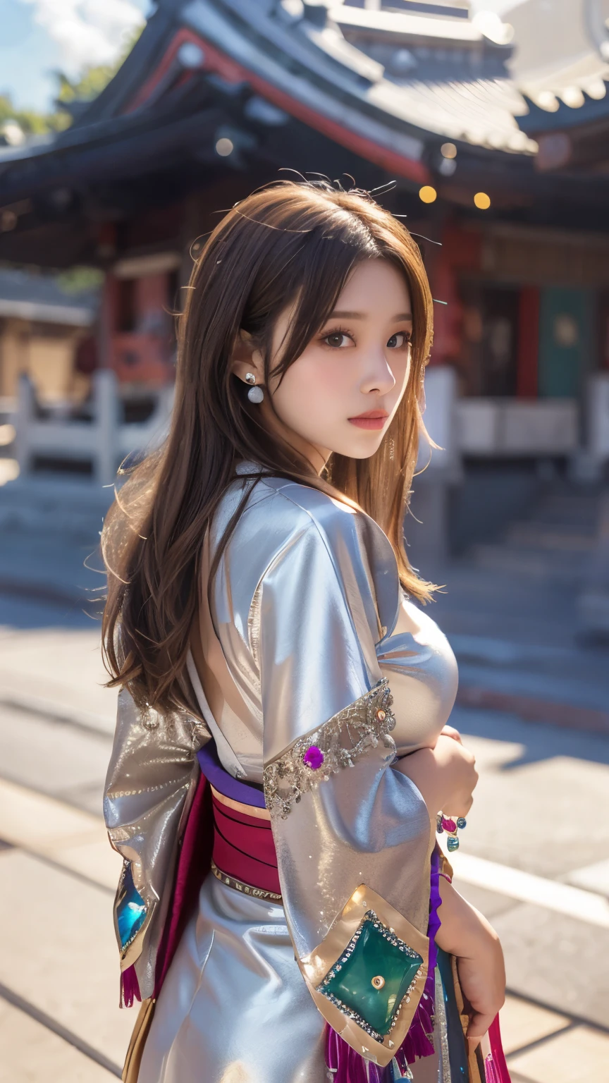 Masterpiece, 4K, bokeh, Photorealistic, high school girl walking in the beach, (Japanese idle:1.6), Lightbrown long hair, Light brown eyes, Plump breast, Looking at the viewer, Blushed face, Close up, BREAK, (Silver metallic dress), (Gemstones decoration:1.4), (Colorful Gemstones:1.4), (Dress embellished, Sequins), sunset building, Beautiful sky and clouds,