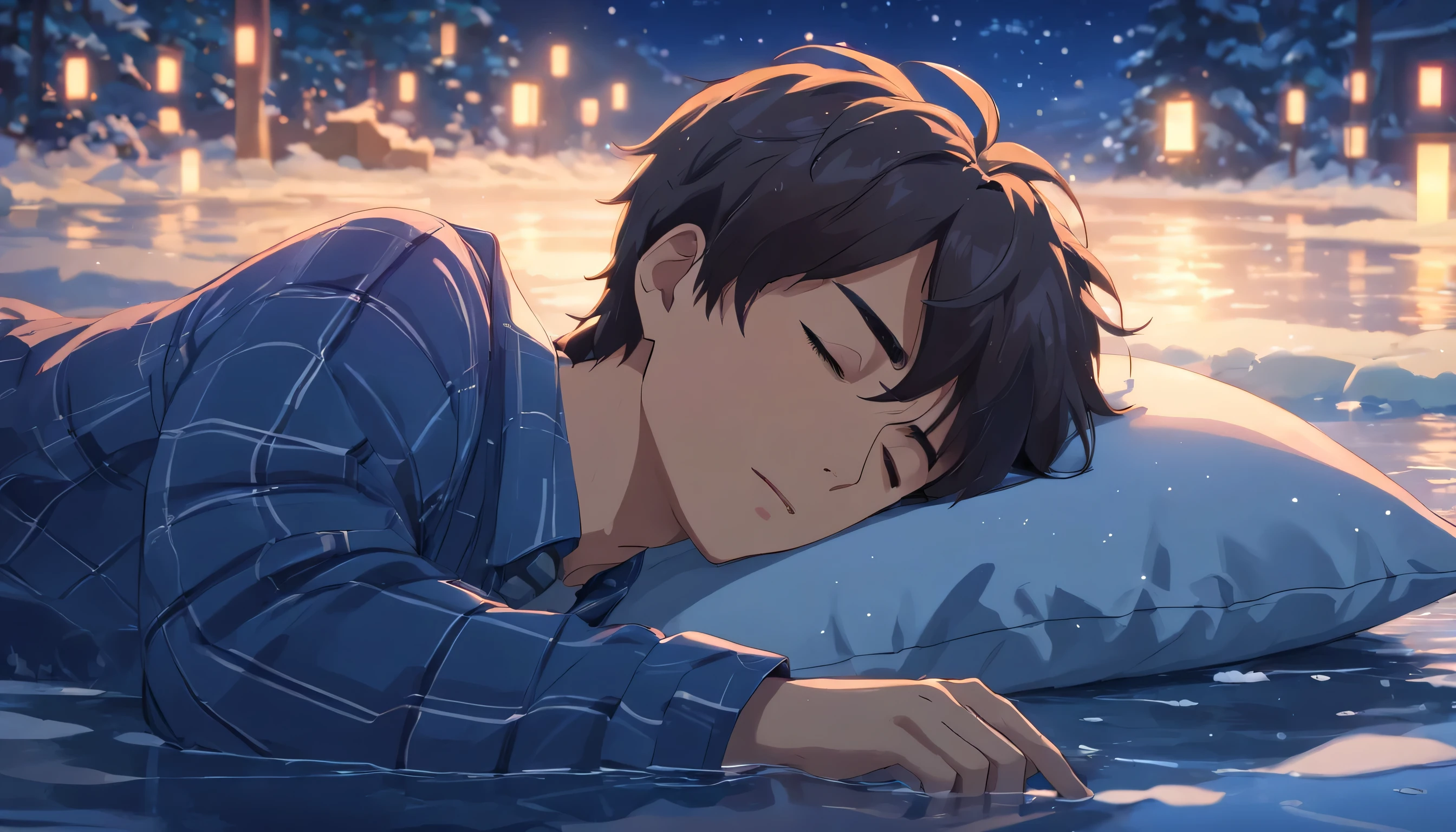 A handsome man in his 20s in pajamas lying on a pillow in the water against the backdrop of a snowy night star is sleeping with his eyes closed, Eyes closed, a snowy day, snowing, shooting, stars, fireflies