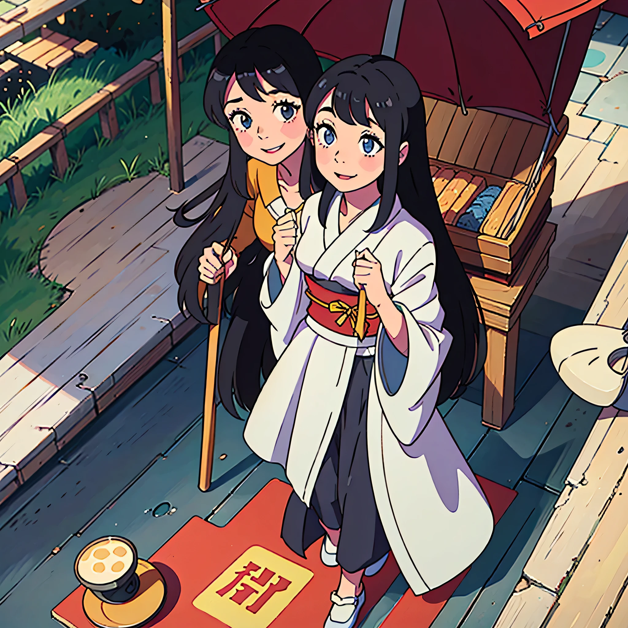 Ghibli style girl turning around, Clothing product samples , cute, smile, There are colored contacts in her eyes, accessories, whole body,walk , In summer , Kyoto、young girl、画面上のsmile、Precise beauty、picnic、open the parasol、kimono、taisho roman person face change black hair 、long hair