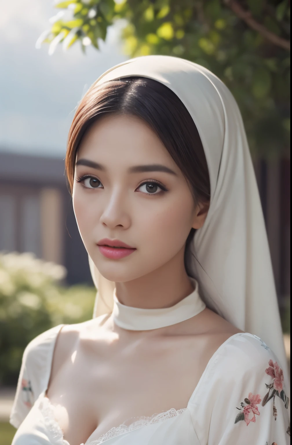 brownies, sky,moon, (Close-up of the painting style，Ultra HD 8K，Masterpiece grade CG wallpaper)，Cinematic lighting，cute girly，Delicate and beautiful face，Dreamy pupils，Wearing nekomaid,round waist,hijabi,Bust poem,Sit，Cloudy background,the trees,florals,summer,Chinese style buildings, cleavage, magical