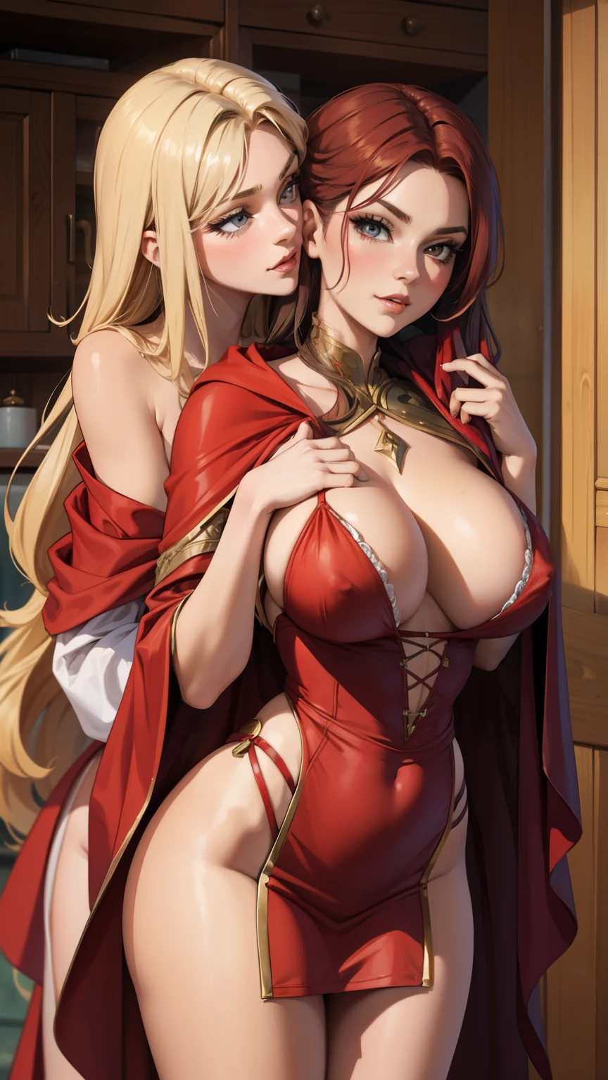 Nsfw, little red riding hood and Rapunzel playing together in an explicit and tantalizing scene, (2girls), extreme detailed, colorful, highest detailed, (erotic) official art, unity 8k wallpaper, ultra detailed, beautiful and aesthetic, seductive and sensual, little red riding hood wearing a revealing red hooded cape and miniskirt, Rapunzel with long golden hair flowing freely, both girls looking flirtatiously at each other, (kissing), (intimate) body contact, sensual poses, (passionate) glances, (seductive) smiles, detailed cleavage and curves, blush and rosy lips, gl