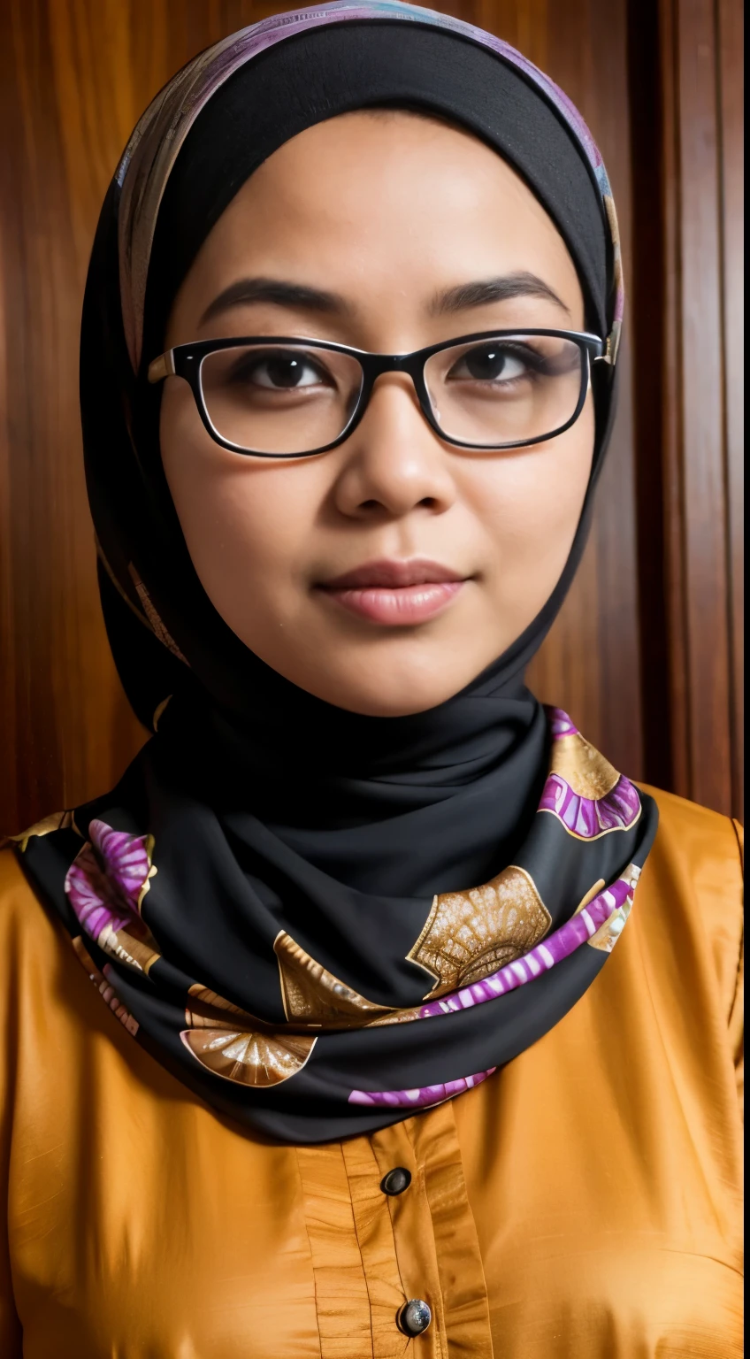 (iu:0.6), RAW, Best quality, high resolution, Masterpiece: 1.3, Beautiful glasses javanese woman in colorful hijab, Masterpiece, Perfect slim body, Beautiful big eyes, Soft smile, Wearing open chest batik