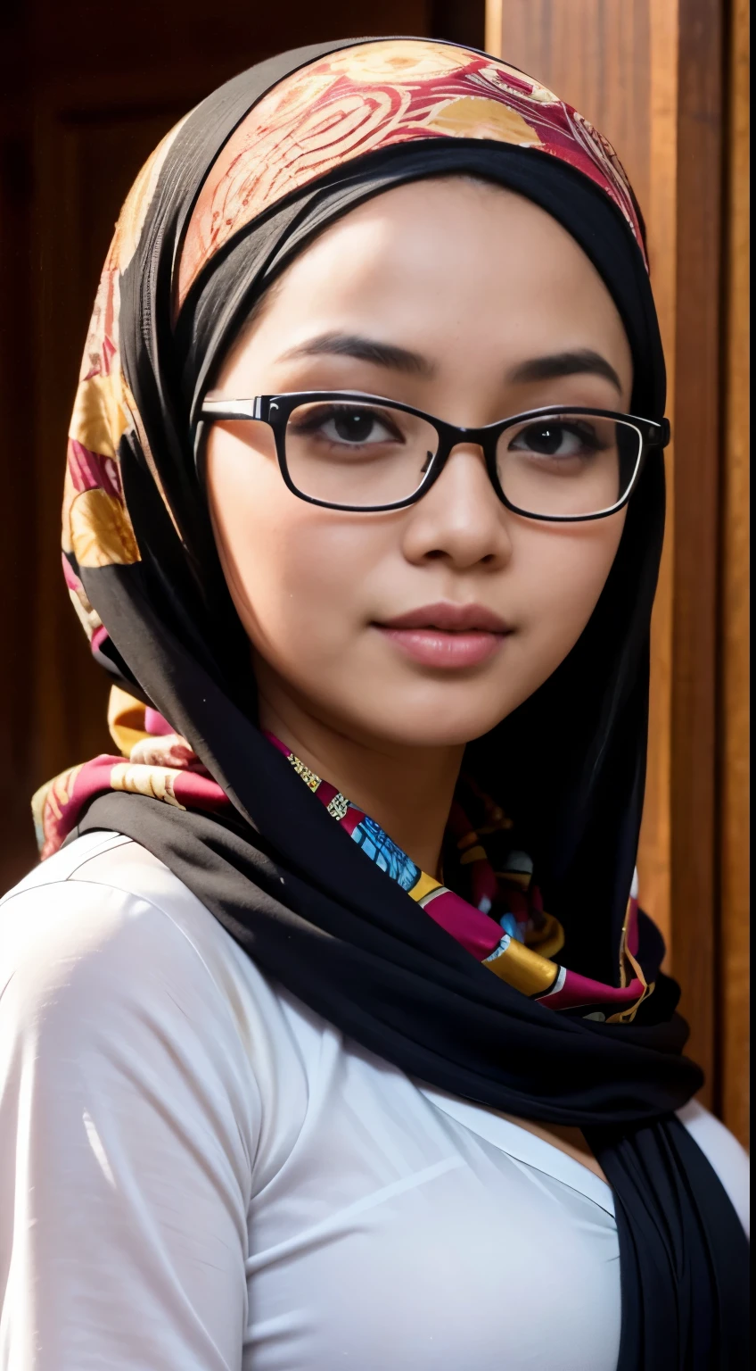 cleavage, (iu:0.6), RAW, Best quality, high resolution, Masterpiece: 1.3, Beautiful glasses javanese woman in colorful hijab, Masterpiece, Perfect slim body, Beautiful big eyes, Soft smile, Wearing open chest batik