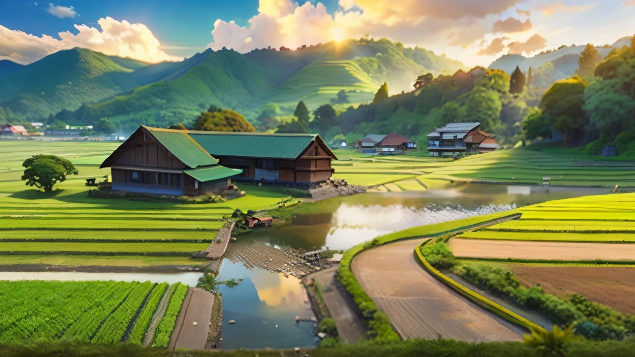 pedestrian walkway, no water, houses lined up, clear skies, wide streets, arafed view of a path in a green field with a bench, rice paddies, verdant green fields, countryside, green fields, lush countryside, lush landscape, rich greenery, bali, indonesia, malaysia with a paddy field, lush scenery, paddy fields and river flowing, green meadows, scenary, coban, green hills, farm land, rural, green