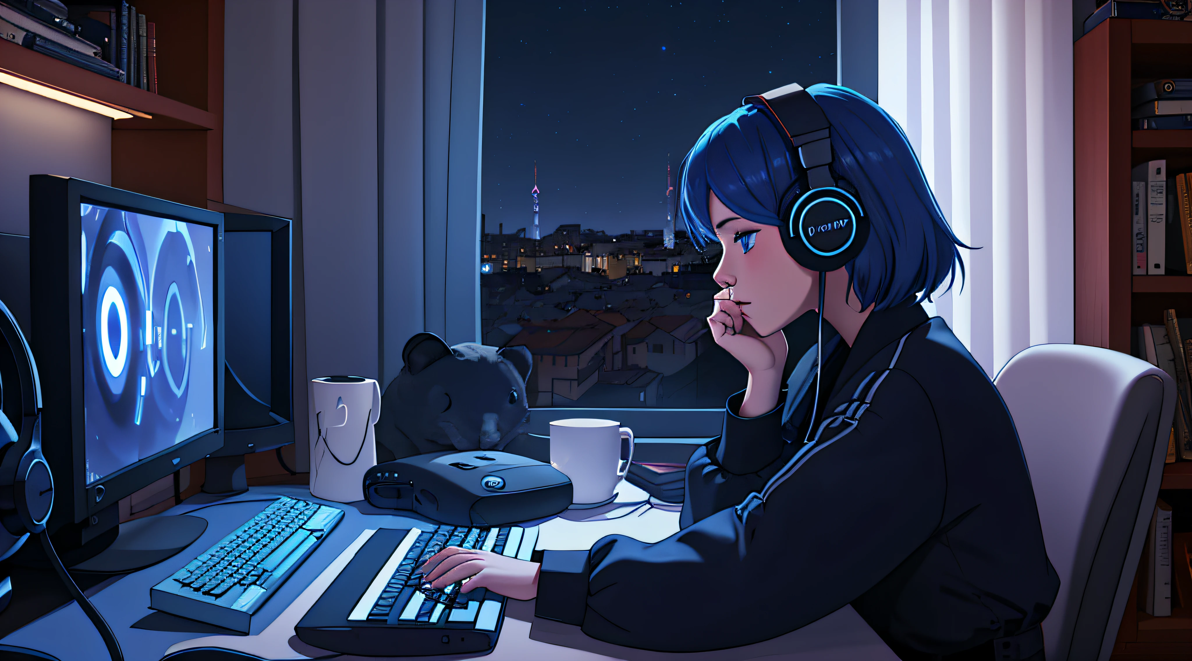 lofistudy, 1girl, from side, typing, bluehead, blue eyes, chair, computer, headphones, indoors, keyboard_\(computer\), laptop, monitor, mouse_\(computer\), monitor, curtains, night, window, milan background