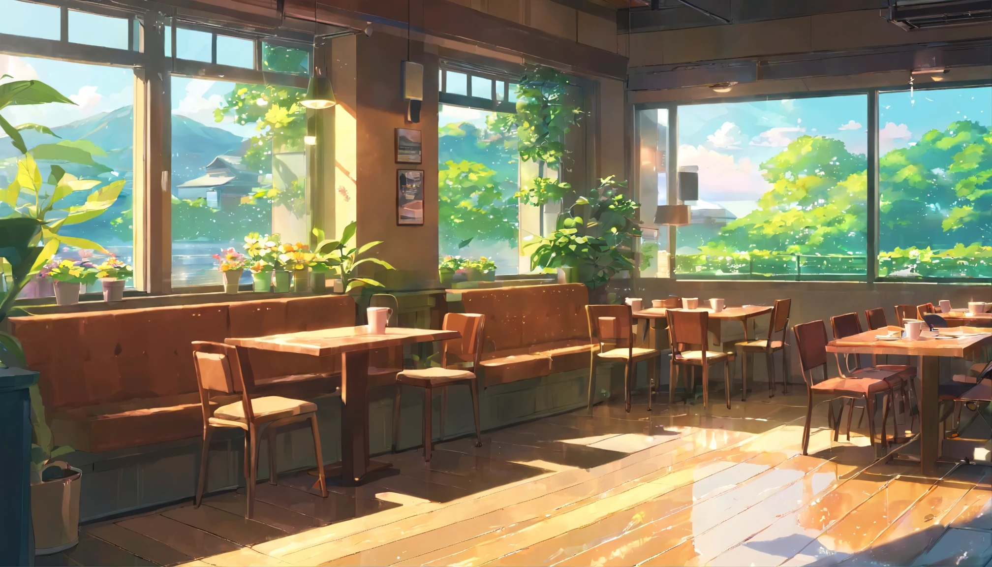 Beautiful anime scenes, anime background art, anime scenery concept art, Makoto Shinkai style, Studio Glibri Makoto Shinkai, ( (Makoto Shinkai) ), Studio Ghibli smooth concept art, Japanese art style, anime scenery, traditional Japanese concepts Art, beautiful anime scenery, no one around. blurry.
I'm sitting by the window on the second floor of a small cafe, looking out the window while working on my computer.
It's raining outside the window. There's no one outside.
There is a half-finished coffee cup next to the computer.
The interior of the store has a natural atmosphere with plants, which makes it very relaxing. The contrast between the warm light of the cafe and the darkness outside the window is beautiful.
The composition focuses on the coffee cup.