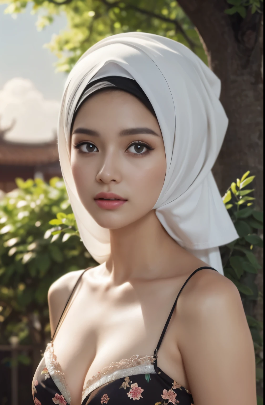 brownies, sky,moon, (Close-up of the painting style,Ultra HD 8K,Masterpiece grade CG wallpaper),Cinematic lighting,cute girly,Delicate and beautiful face,Dreamy pupils,Wearing nekomaid,round waist,hijabi,Bust poem,Sit,Cloudy background,the trees,florals,summer,Chinese style buildings, cleavage, magical