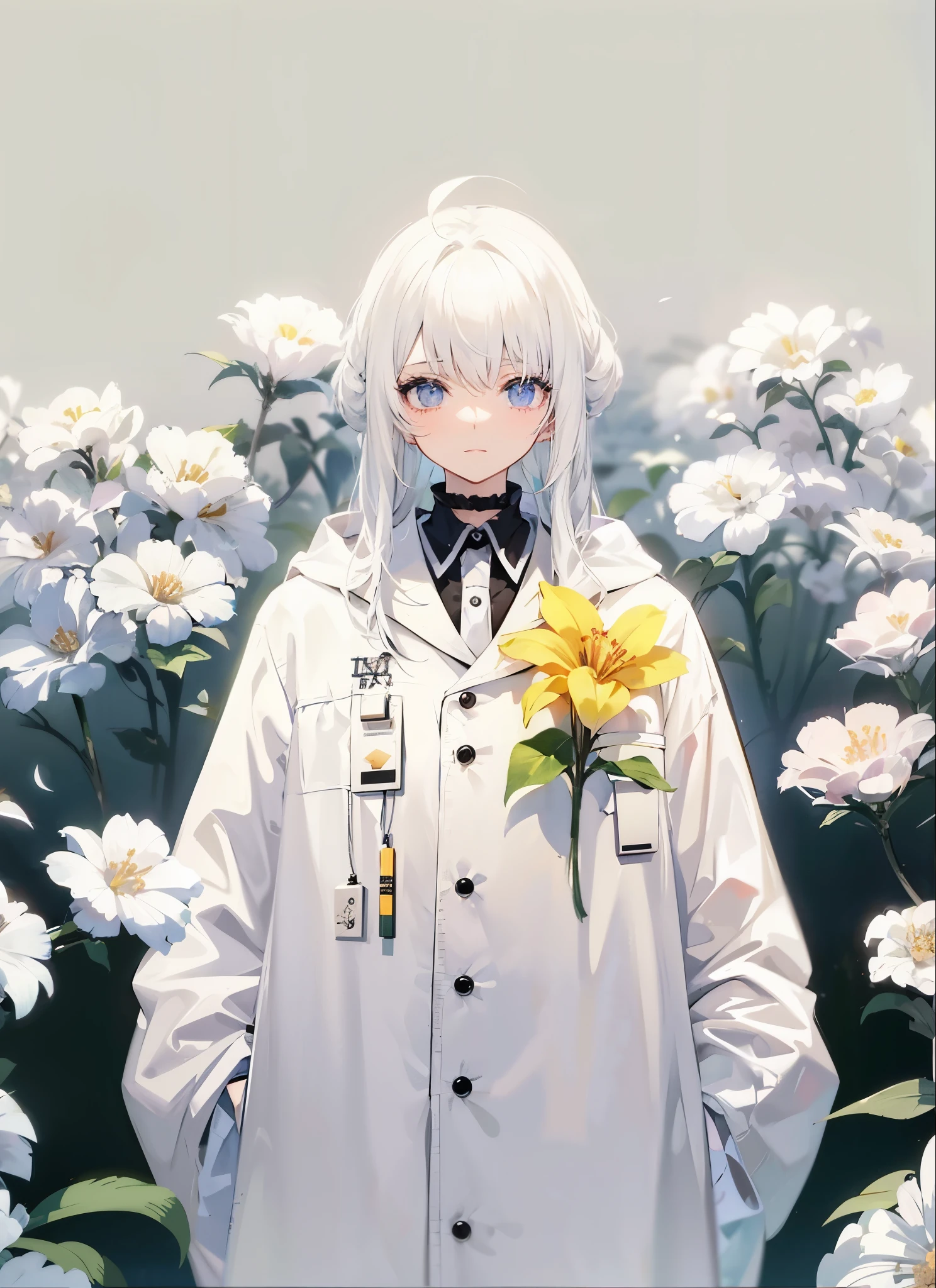 anime girl with white hair and white coat standing in a field of flowers, anime asthetic, anime aesthetic, artwork in the style of guweiz, aesthetic award winning anime, anime character, cyberpunk flowerpunk, girl with white hair, with a lab coat, as an anime character, white haired, anime visual of a cute girl, white haired deity