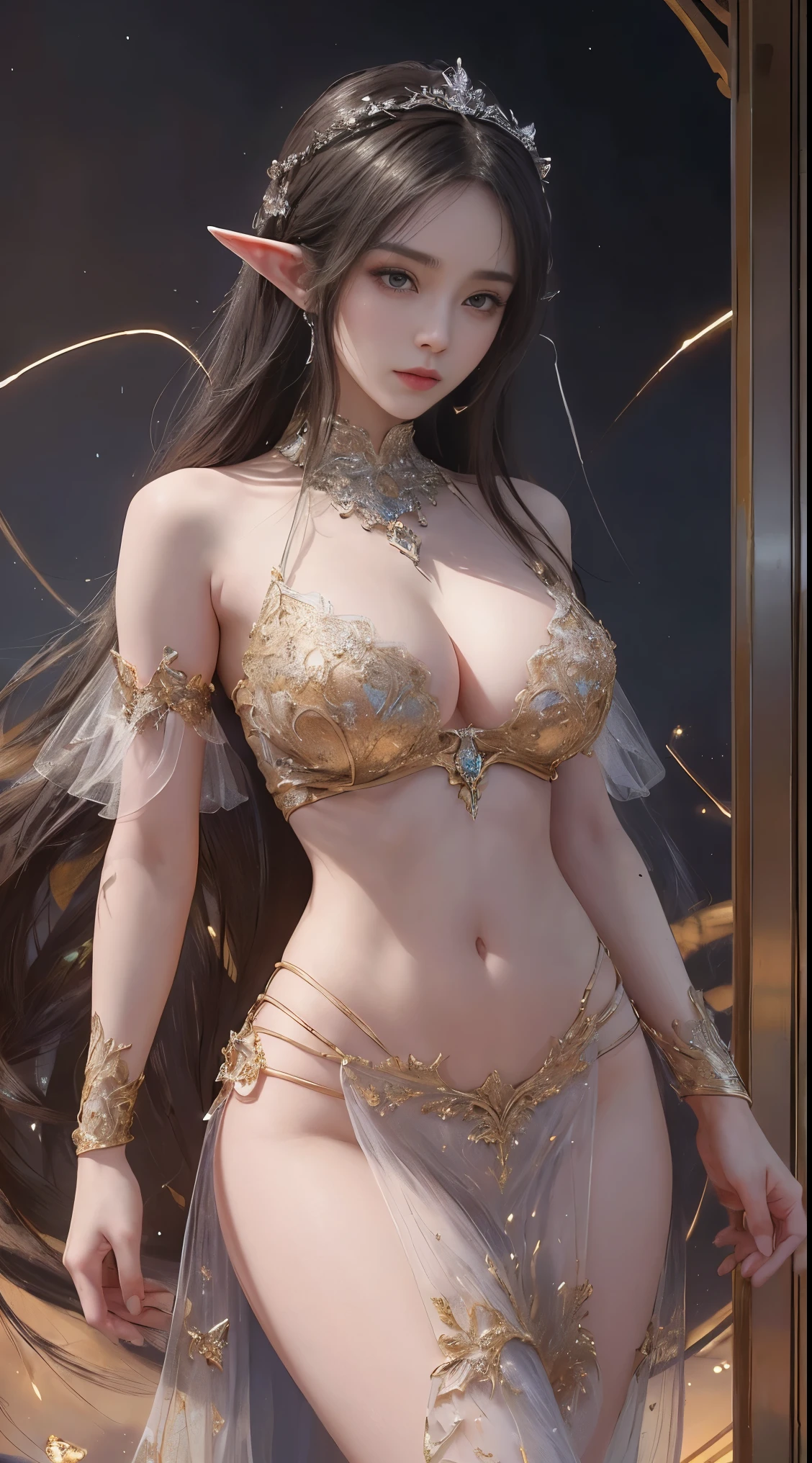 A woman wearing a golden transparent dress,view viewer,(((huge breasts, big cleavage))),slim waist,(Navel exposed,naked waist), long hair, super detailed details,Luxury Zhenyi Station, Storm scene, detailed fantasy art, great character art, Beautiful and exquisite character art, beautiful gold and silver armor, very detailed, girl in shiny armor, exquisite tiaras and jewelry,crystal jewelry filigree, milky way, stunning visuals, (dynamic streak, trajectory of light:1.2), Bright colors,elf pointed ears、long and thin legs、slender long arms、girl with a thin upper body、small breasts、A girl with a thin lower body、slender lower body girl、slender upper body girl、girl with a tight waist