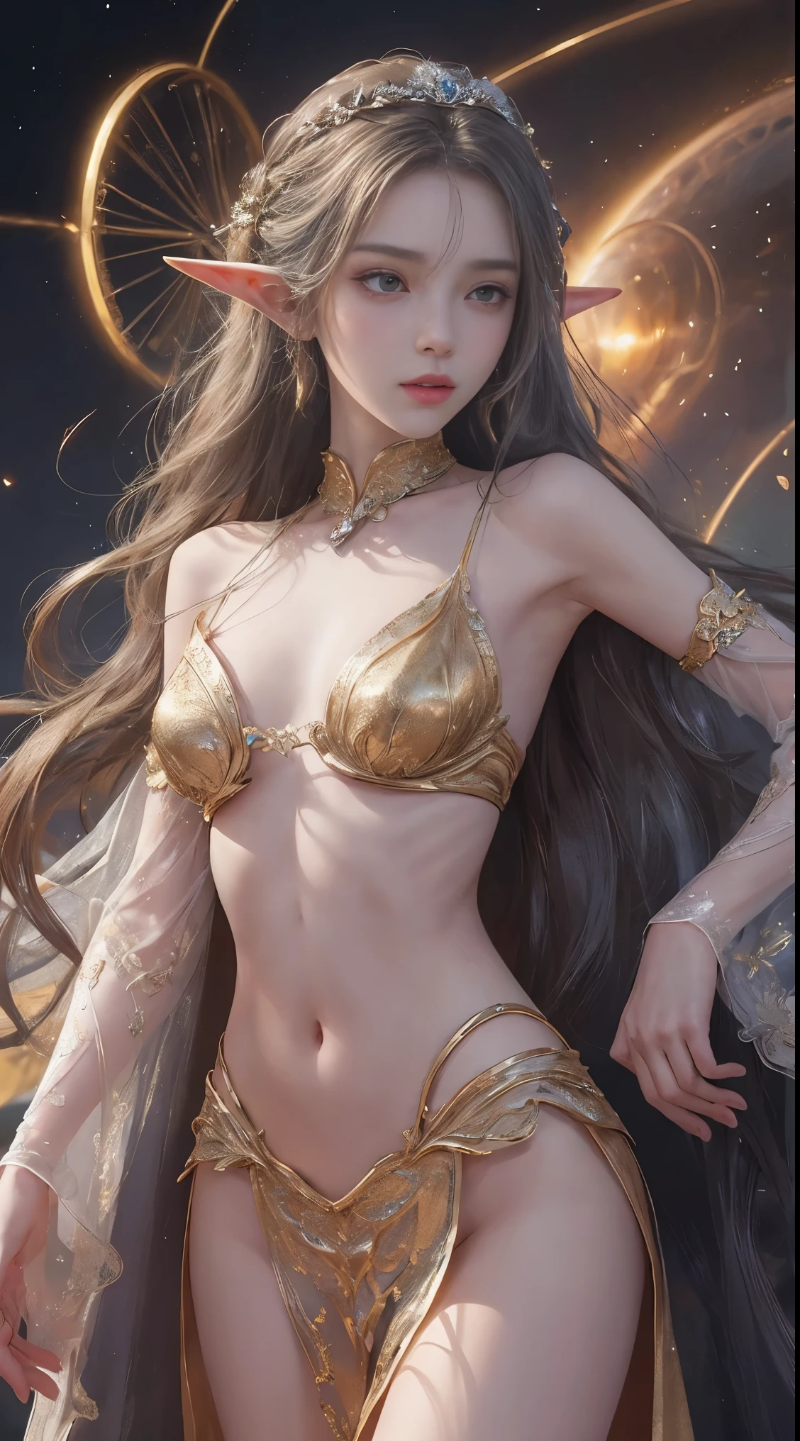 A woman wearing a golden transparent dress,view viewer,slim waist,(Navel exposed,naked waist), long hair, super detailed details,Luxury Zhenyi Station, Storm scene, detailed fantasy art, great character art, Beautiful and exquisite character art, beautiful gold and silver armor, very detailed, girl in shiny armor, exquisite tiaras and jewelry,crystal jewelry filigree, milky way, stunning visuals, (dynamic streak, trajectory of light:1.2), Bright colors,elf pointed ears、long and thin legs、slender long arms、girl with a thin upper body、small breasts、A girl with a thin lower body、slender lower body girl、slender upper body girl、girl with a tight waist