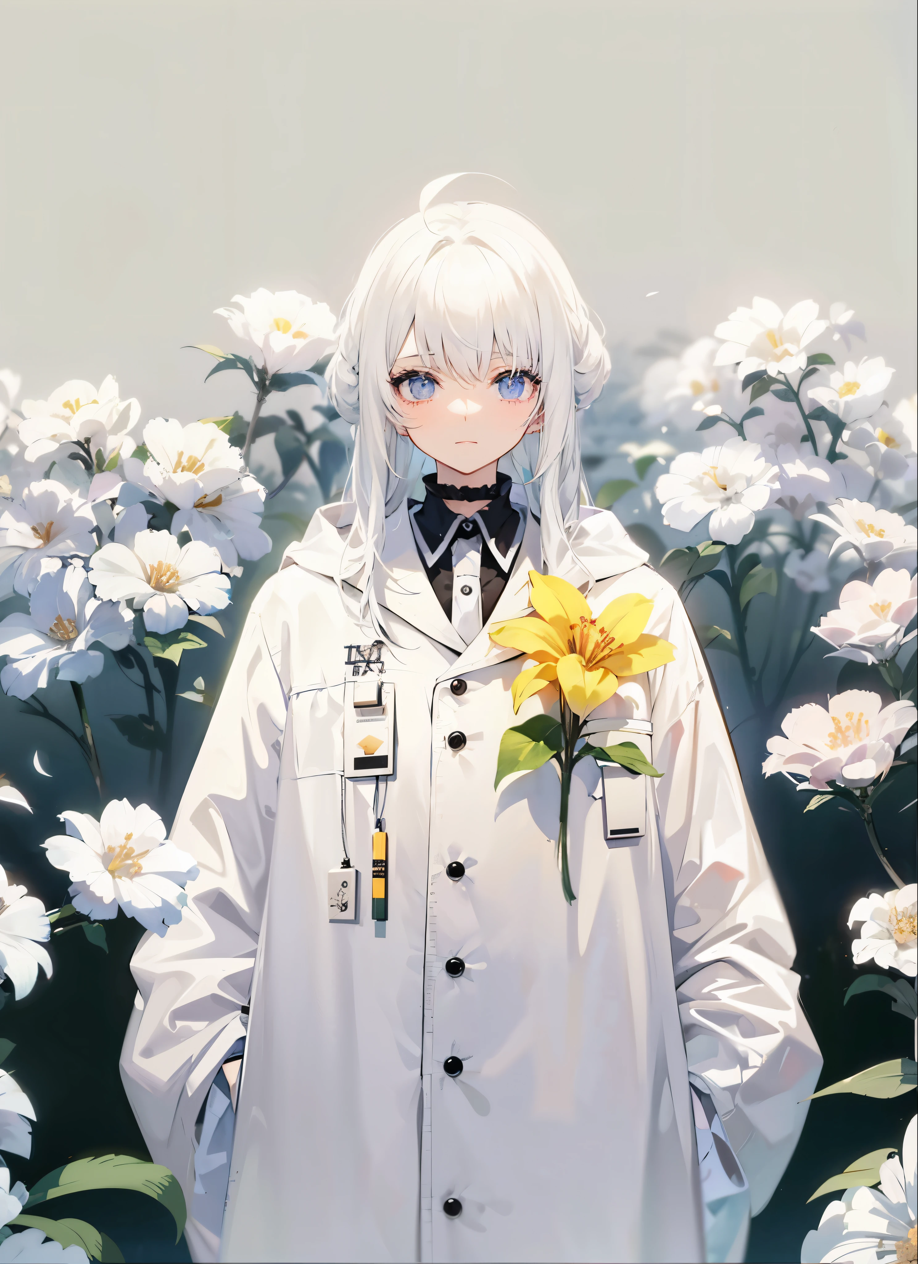 anime girl with white hair and white coat standing in a field of flowers, anime asthetic, anime aesthetic, artwork in the style of guweiz, aesthetic award winning anime, anime character, cyberpunk flowerpunk, girl with white hair, with a lab coat, as an anime character, white haired, anime visual of a cute girl, white haired deity