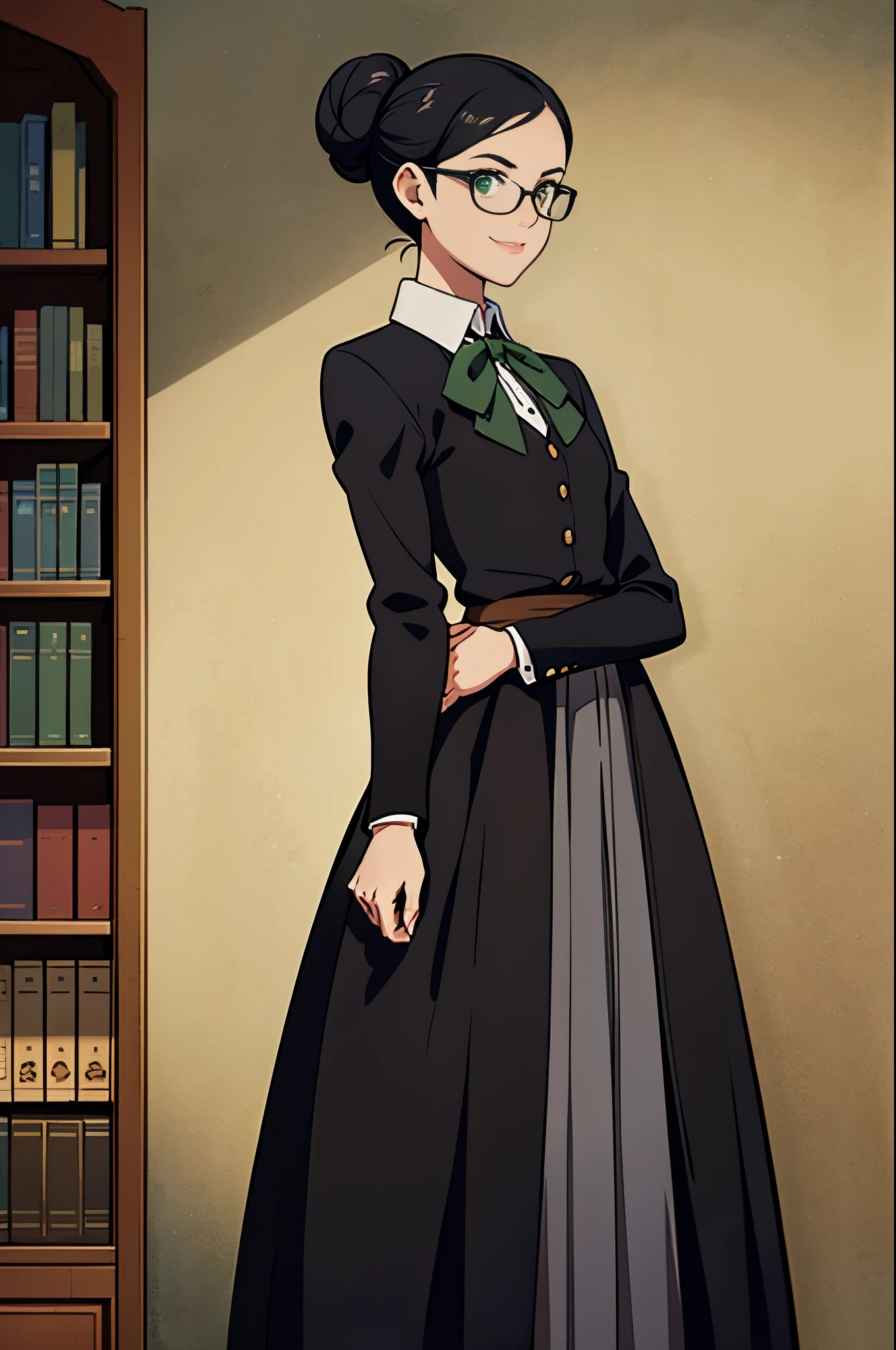Best high quality, masterpiece quality, full body portrait, cowboy shot, 1woman, tall, thin, standing straight up, short black colored hair with 1bun behind her head, wearing glasses, in dark green scholar habit, long skirt, bowtie around neck, flat chest, small smile, medieval library study background setting bookshelf backdrop