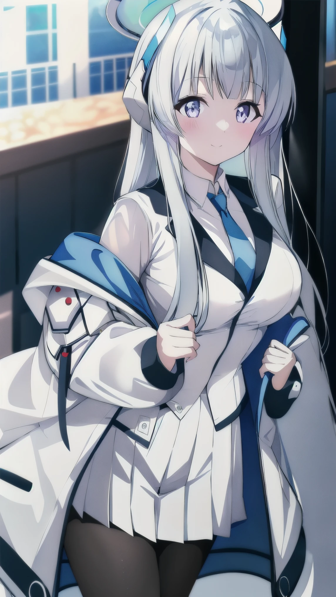 (A superb exquisite ushio noa), 8k, Ultra high resolution, (masterpiece:1.2), (best quality, finely detailed beautiful eyes), extremely delicate, solo, real light and shadow, standing, natural moving, BREAK (blue necktie, white shirt, off shoulder, white jacket, open jacket, long sleeves, white skirt, pleated skirt, black pantyhose), mechanical halo, outdoor,