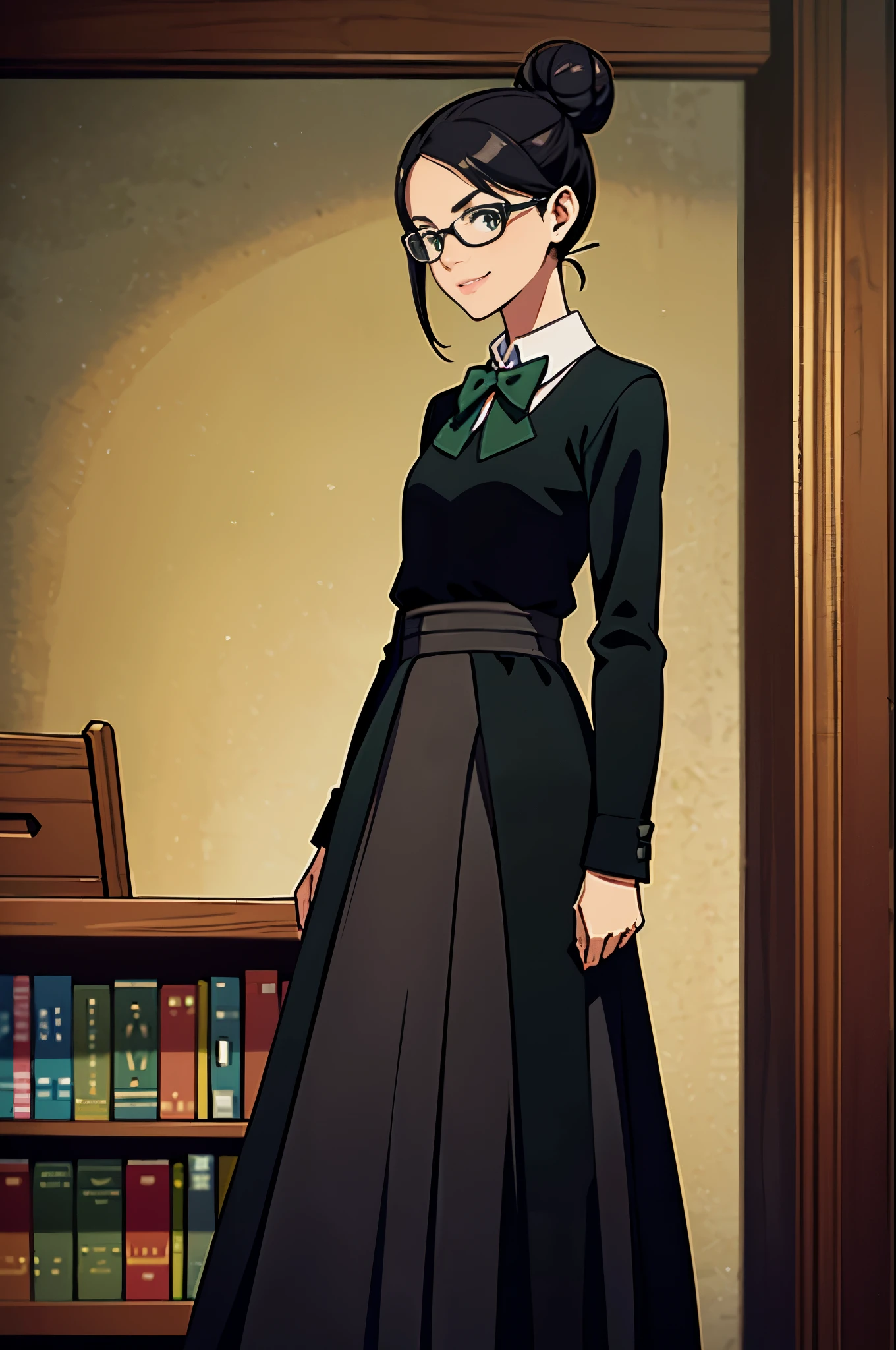 Best high quality, masterpiece quality, full body portrait, cowboy shot, 1woman, tall, thin, standing straight up, short black colored hair with 1bun behind her head, wearing glasses, in dark green scholar habit, long skirt, bowtie around neck, flat chest, small smile, medieval library study background setting bookshelf backdrop