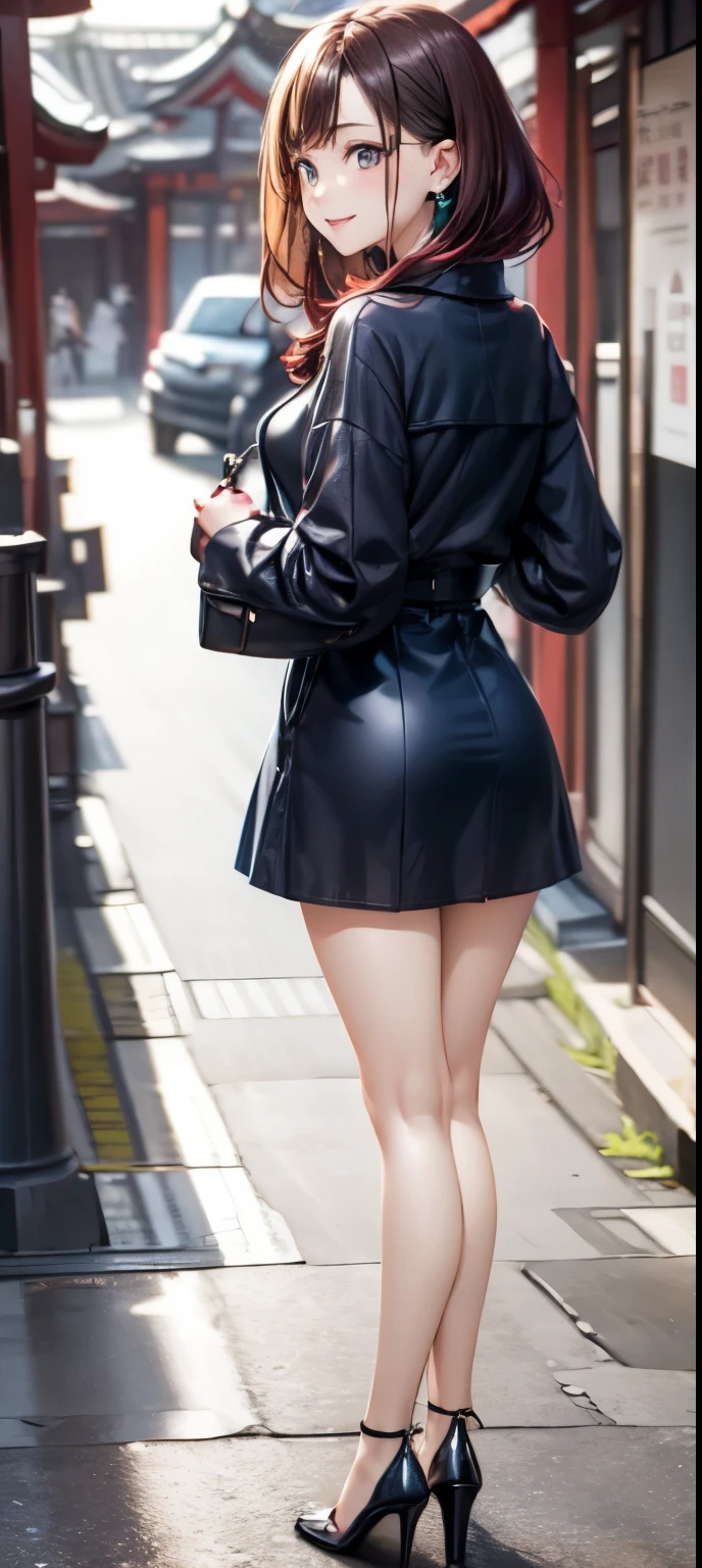 masterpiece、((focus on the face))、(full body shot、Full body photo including face)、((Symmetrical facial features))、OL、Eyes of minute description、beautiful girl、outstanding style、slender body、(small ass、thin thighs）、smiling、below knee length skirt、pantyhose、(high heels、anklets of the same color）、Photo showing the whole body、one handbag in one hand、head to toe photo、Please describe the face in detail、small earrings、necklace、Walking inside the Senbon Torii gates of Fushimi Inari Taisha Shrine、high angle、The subject is far away、shallow depth of field、wide angle focal length、Non-sleeved dress、Looking back、upward glance、
