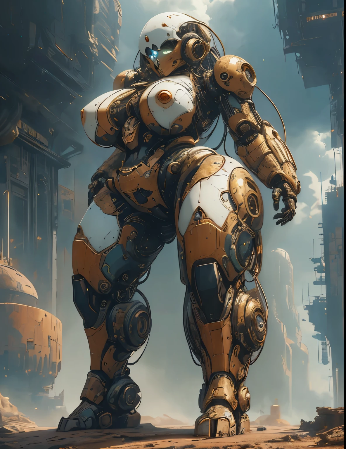 masterpiece，（best quality）Giant Cyberpunk Female Mechanical Titan，Breasts equipped with giant exoskeleton mechanical structural modules，Ruins of dilapidated underground city on cloudy day and night