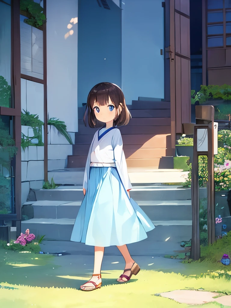 Full-body frontal photo with slight side view,a girl,Tall and slender,Shoulder length brown hair,big eyes,straight hair,Stable hairstyle。She has fair skin,gray blue eyes,With a smile on his face。She is wearing a light blue dress,girls clothing, (long skirt to heel, High neck,long sleeve),Wearing light-colored flat shoes on feet。Her fair skin and exquisite details、Soft tones complement the beauty。This piece showcases an animation style similar to Hayao Miyazaki's Studio Ghibli,Created by the famous Japanese director Hayao Miyazaki,And present high-quality rendering effects。