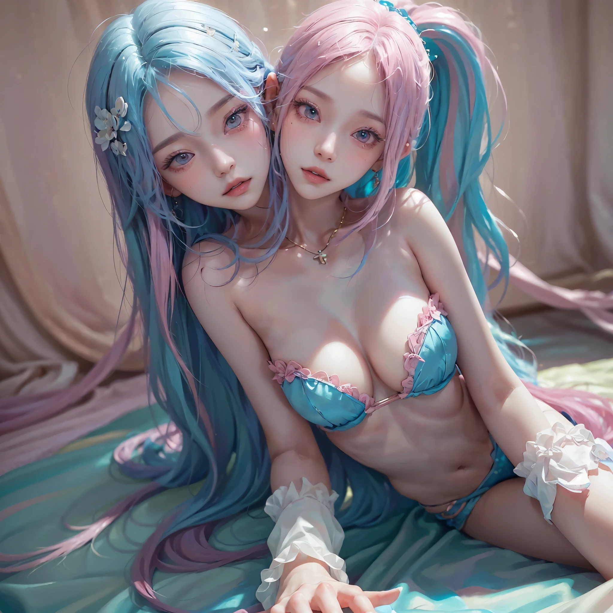 (Threeheads), (3heads:1.5), 1girl, bad anatomy, leaning towards viewer, two torsos, lying on floor, pink and blue hair and a necklace, digital art inspired by Yanjun Cheng, Tumblr, Rococo, portrait of jossi of blackpink, portrait jisoo blackpink, floating blue hair, Long flowing blue hair, long bubblegum hair, sky blue hair, Pink girl, pink hues, ((Pink)), Long blue hair, blond straight hair, curly blue hair