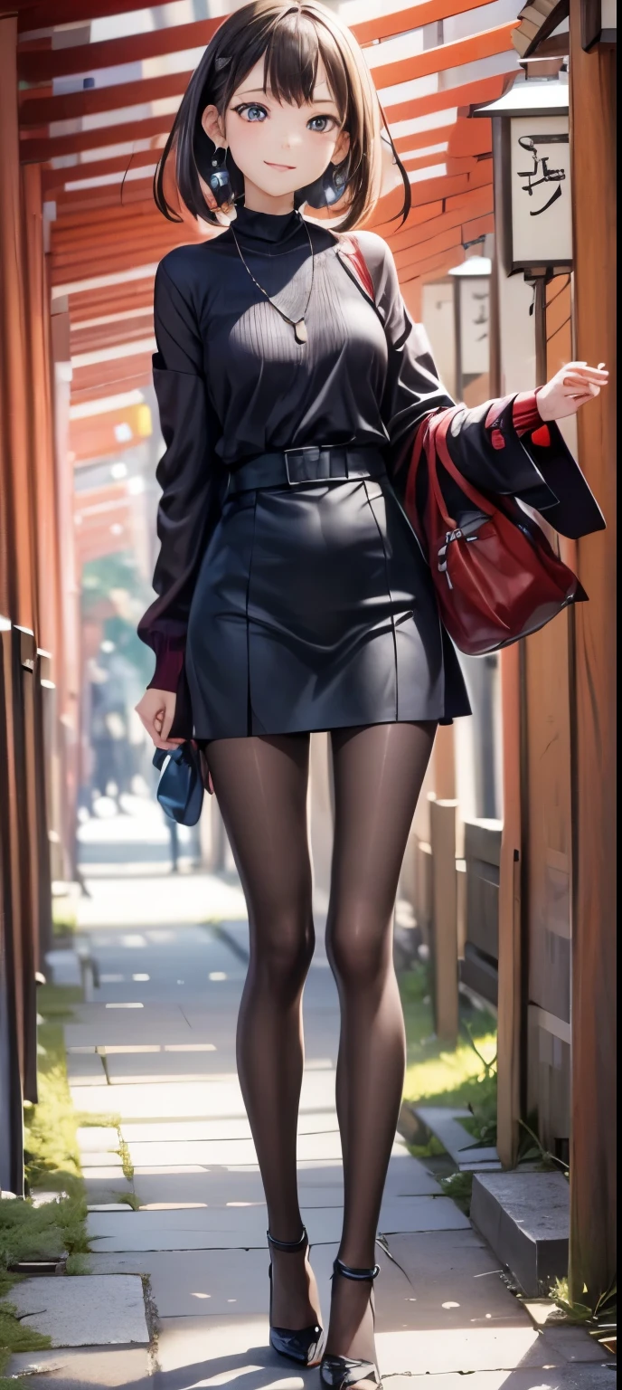 masterpiece、((focus on the face))、(full body shot、Full body photo including face)、((Symmetrical facial features))、OL、Eyes of minute description、beautiful girl、outstanding style、slender body、(small ass、thin thighs）、smiling shyly、Watery eye、below knee length skirt、pantyhose、(high heels、anklets of the same color）、Photo showing the whole body、one handbag in one hand、head to toe photo、Please describe the face in detail、small earrings、necklace、Walking inside the Senbon Torii gates of Fushimi Inari Taisha Shrine、high angle、The subject is far away、shallow depth of field、wide angle focal length、Non-sleeved dress、upward glance、