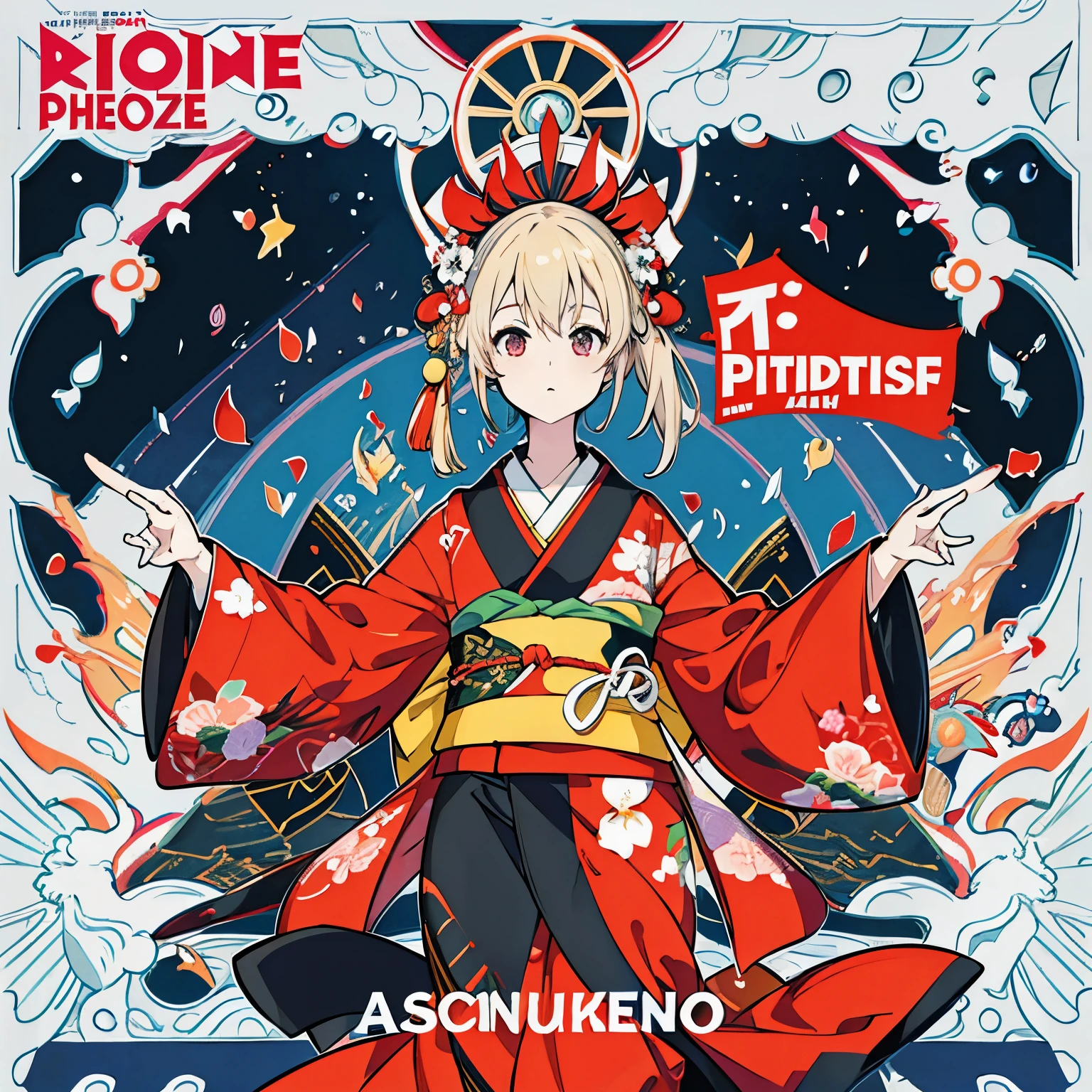 highest quality, masterpiece, 1 girl, solo,fisheye lens, vibrant,kimono、Pause、naked、front、Colorful、dynamic、With background、element、have confidence、Be expressive、poster、cover、movie、pixiv Tachi- e(magazine:1.3)、(cover style:1.3)