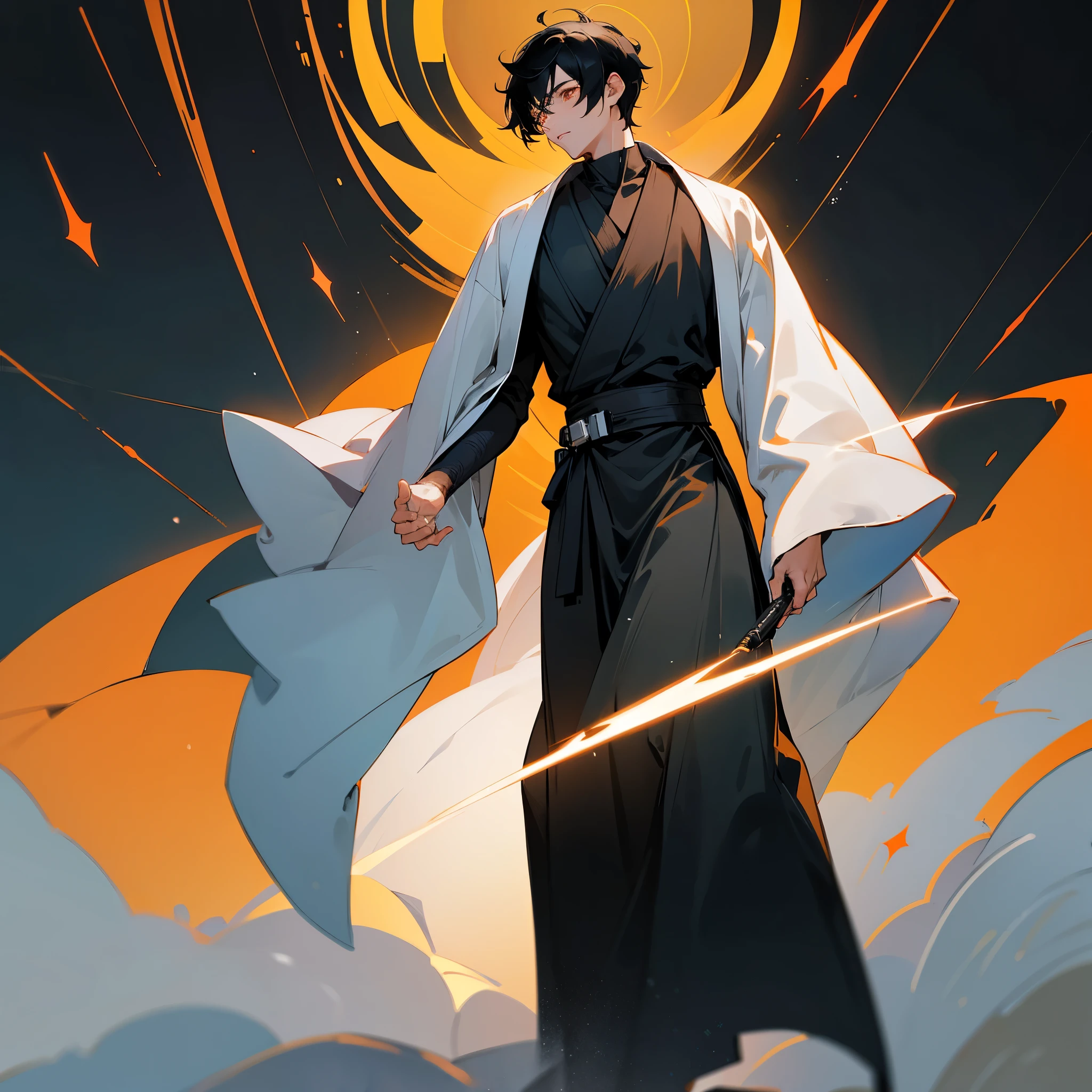 1male, Adult, Lean Body Type, Perfect Generation, Masterpiece Quality, Black Hair, Short Hair, Orange Eyes, Dark Background, Black and White Jedi Clothes, Star Wars, Standing On Path