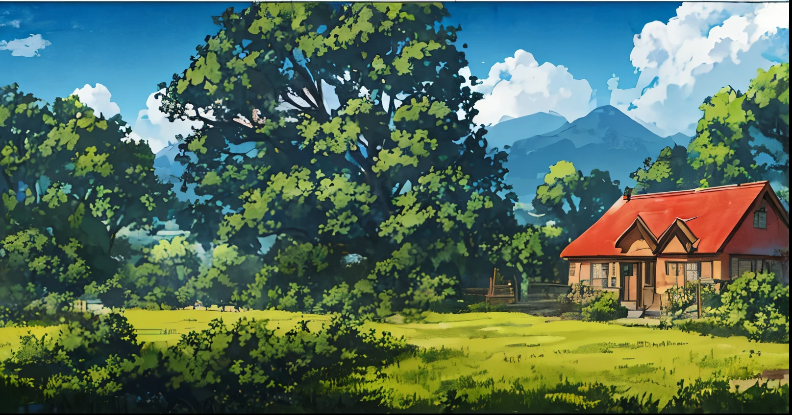 There is a picture of a rural landscape with a house with a red roof and a fence., anime countryside scenery, anime scenery, anime background art, anime scenery concept art, Studio Gribly Makoto Shinkai, beautiful anime scenery, distant village background, anime scenery wallpaper, anime scenery, Makoto Shinkai&#39;s style, anime background, anime movie background, beautiful anime scene,high quality,detailed,watercolor painting,beautiful sky