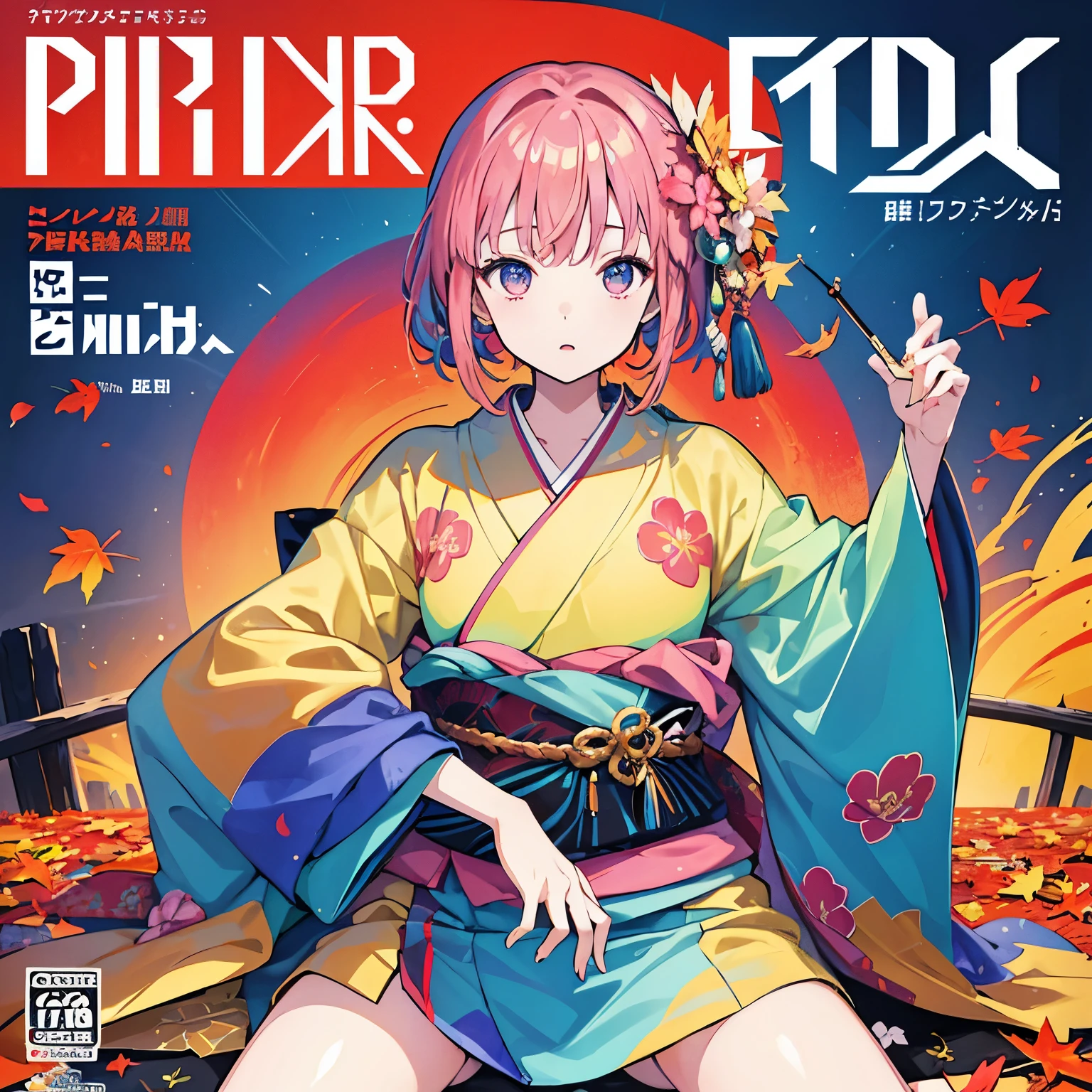 highest quality, masterpiece, 1 girl, solo, vibrant,kimono、autumn、Pause、naked、spread legs、front、Colorful、dynamic、With background、element、have confidence、Be expressive、poster、cover、movie、pixiv Tachi- e(magazine:1.3)、(cover style:1.3)