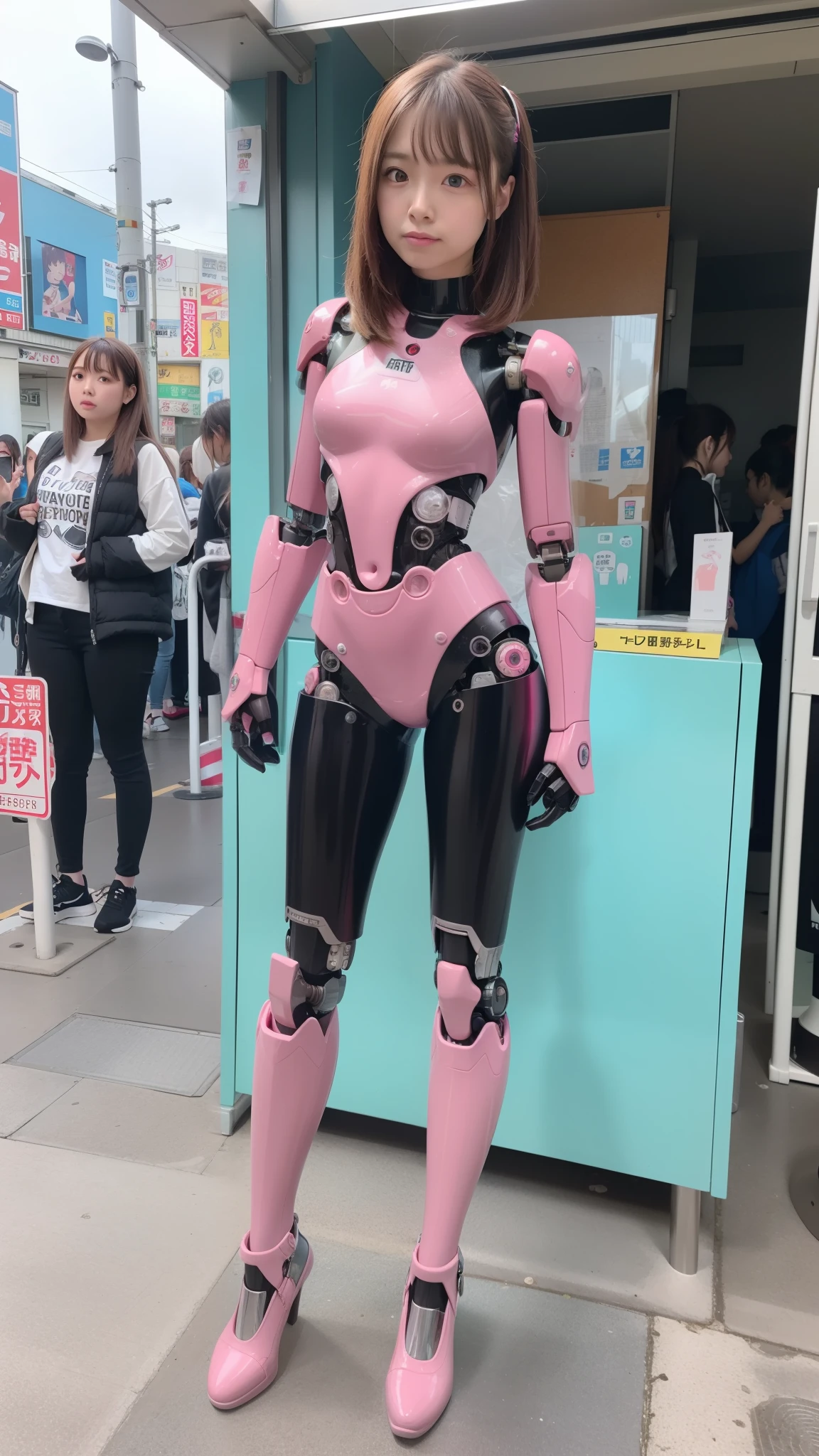 cyborg, pink there, Silver, Metallic body, Robot Parts, Metal Parts, Super Detailed Face, Super well-formed face, of the highest quality, a small face, a small head, full body, Brown hair, Slender body, Camera gaze, Internal Mechanical Exposure, Idol, Well-proportioned body, gravure, Photo session, Akihabara, Moe Pose, Standing with legs open, Model body type, sad, Embarrassing,(Perfect Robot Girl),(Perfect machine body)