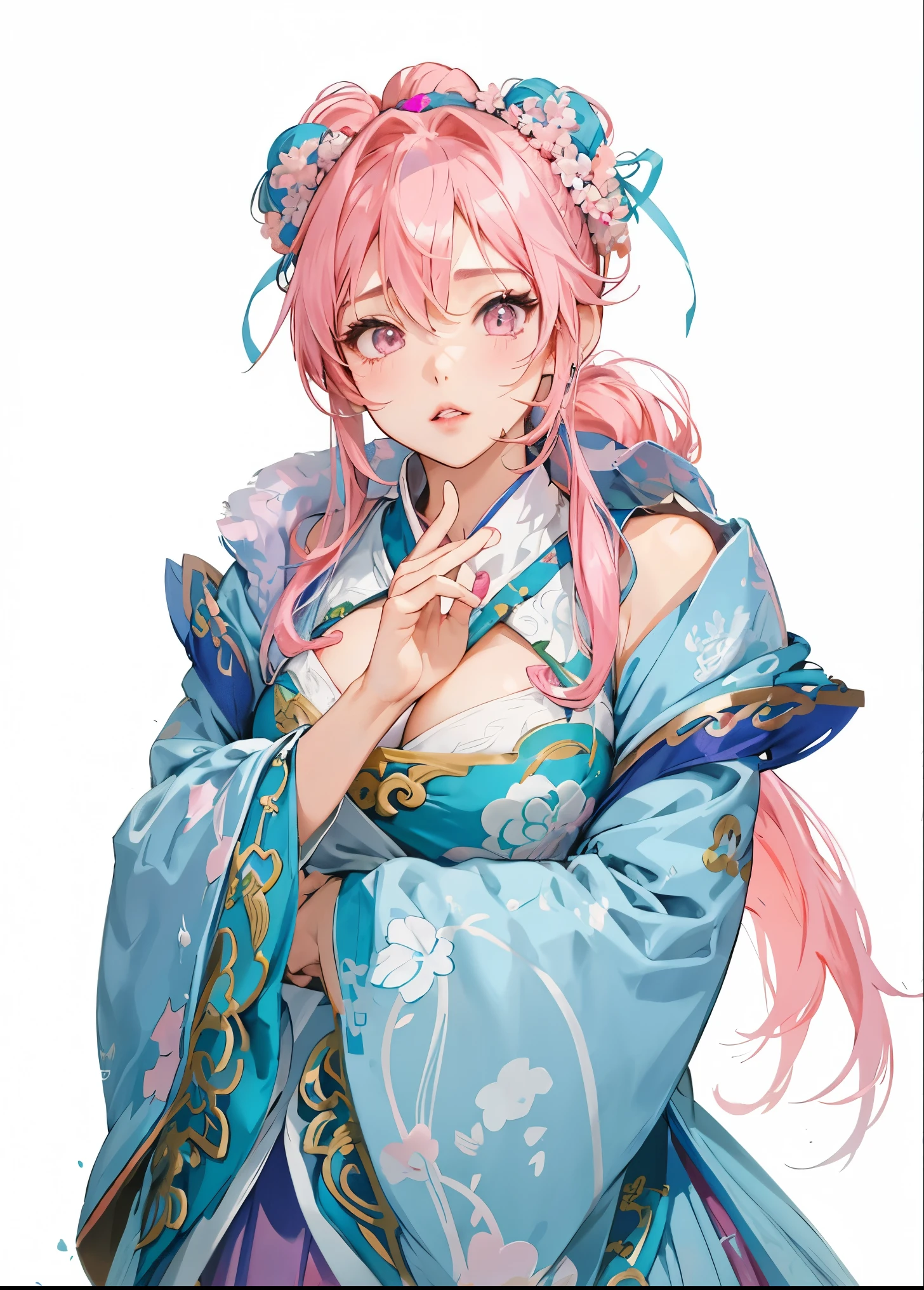 wearing blue dress、Anime girl with pink hair and white dress, Pink ponytail hair and cyan eyes, ((Wearing noble robes)), Cute anime waifu wearing beautiful clothes, eager character, Anime character with pink hair and red chinese hanfu, Popular topics on artstation pixiv,Produced by Anime Painter Studio, guweiz style artwork, Beautiful anime portrait, Detailed anime character art, Clean and detailed anime art，Three Kingdoms style，Three Kingdoms Unparalleled Style，Dressed in ancient Chinese costumes，Sonison，Open- outfit， top，open ，big ，Good shape，extremely delicate and beautiful, Amazing , Pink ponytail hair，Shine skin，European and American fat lips，，Anime style nose，European and American makeup，cute girl，，Proud figure，Hot in pink high ponytail，Pink single ponytail，Decoration on the head