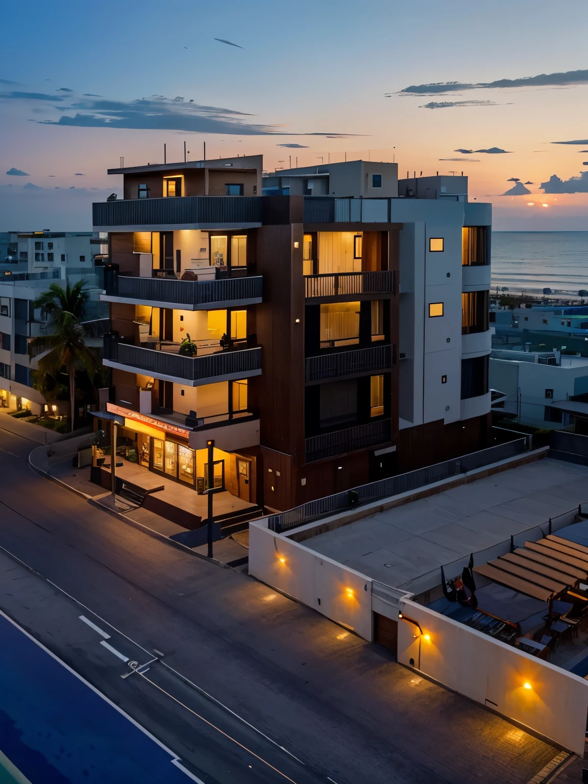 hotel, 3 story building with a bar in the rooftop and restaurant in the first floor, modern structure, beach in the backyard, road in the front, with sunset on the background 