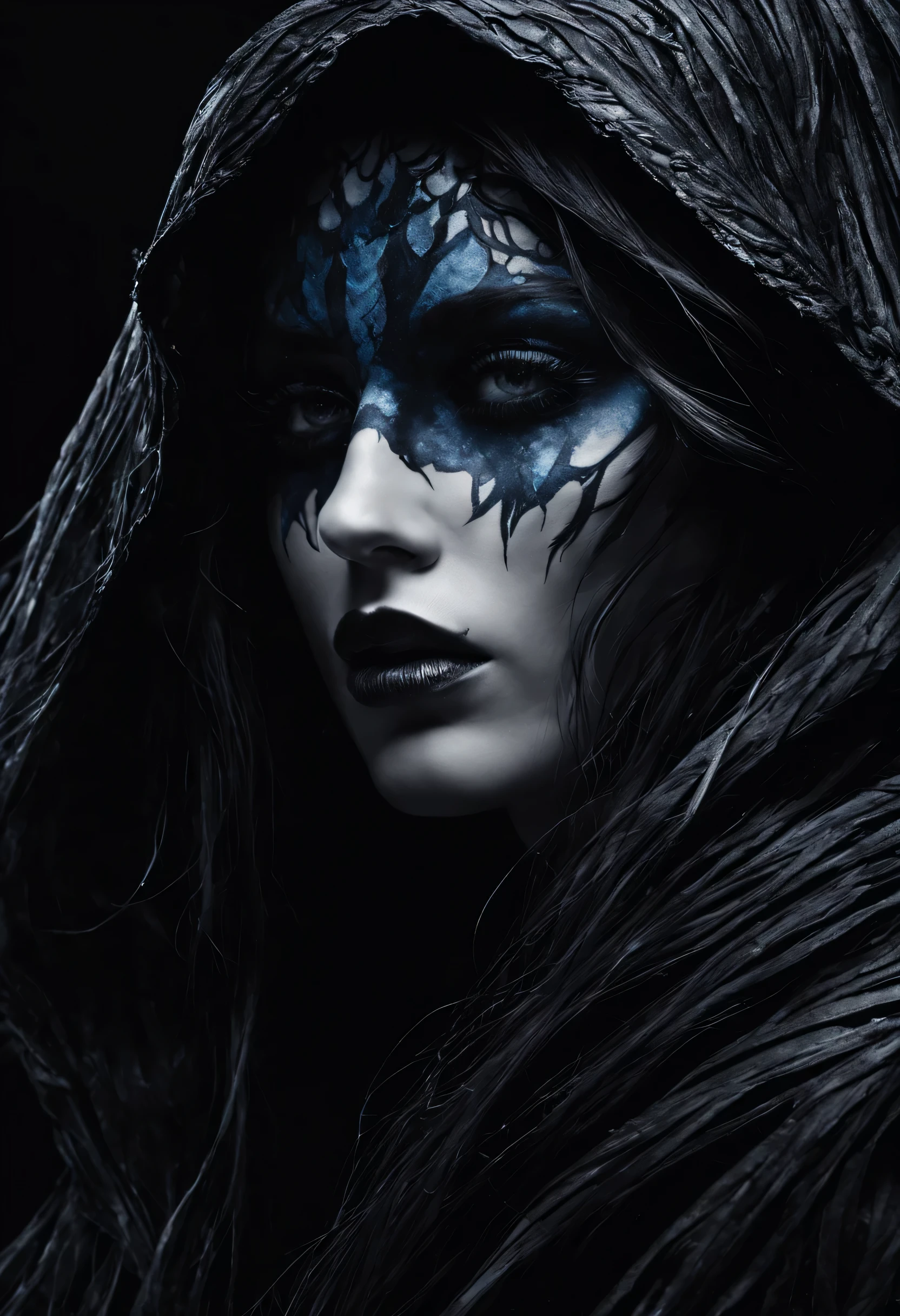Create a pencil sketch of a mysterious character named "Nyx" who embodies the duality of light and darkness. Nyx has long flowing hair and wears a cloak that obscures half of their face, adding to the enigmatic aura.

In the sketch, depict one half of Nyx's face and attire in vivid, vibrant colors symbolizing vitality, while the other half remains in detailed monochrome, accentuating the shadows and mystery surrounding Nyx. Let the contrast between the colored and monochrome parts highlight the character's internal conflict or complexity.

Consider incorporating subtle elements such as wisps of shadowy tendrils intertwining with the vibrant colors to emphasize Nyx's dual nature.

Feel free to add any additional details or embellishments that enhance the character's mystique and captivate the viewer's imagination.