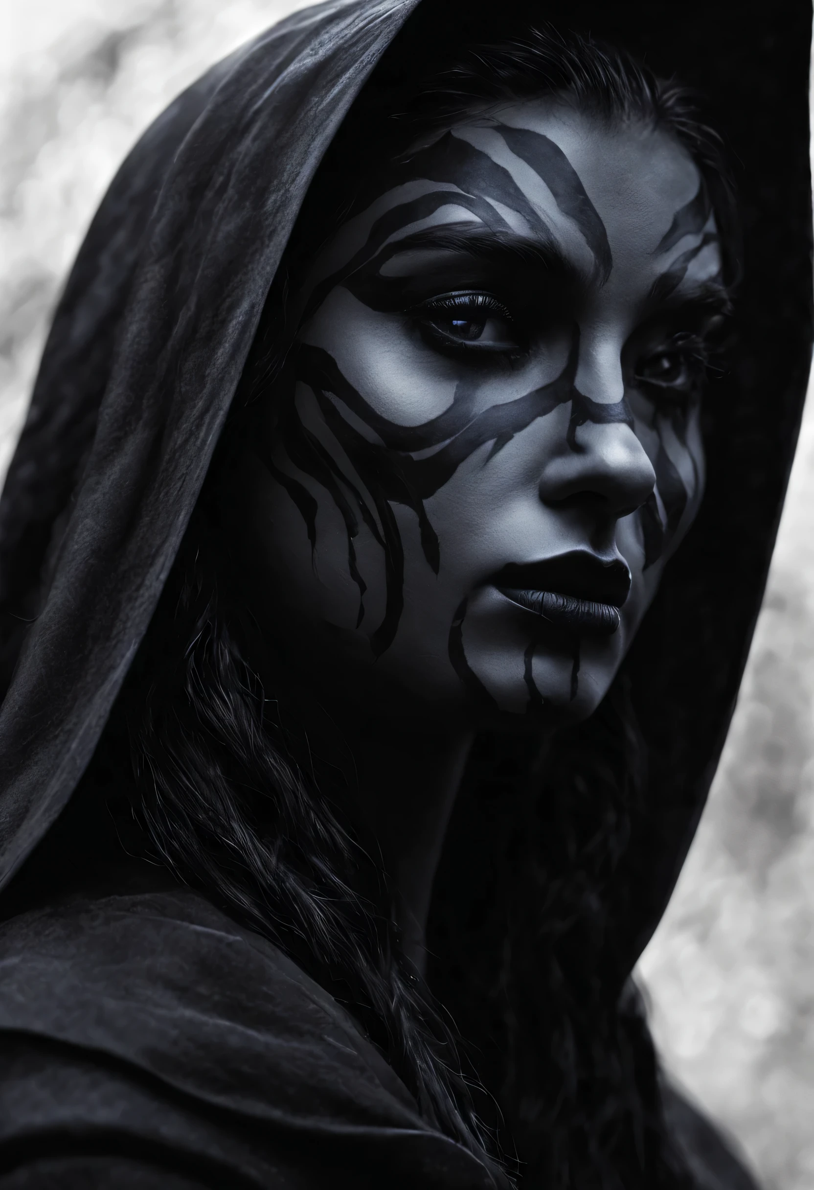Create a pencil sketch of a mysterious character named "Nyx" who embodies the duality of light and darkness. Nyx has long flowing hair and wears a cloak that obscures half of their face, adding to the enigmatic aura.

In the sketch, depict one half of Nyx's face and attire in vivid, vibrant colors symbolizing vitality, while the other half remains in detailed monochrome, accentuating the shadows and mystery surrounding Nyx. Let the contrast between the colored and monochrome parts highlight the character's internal conflict or complexity.

Consider incorporating subtle elements such as wisps of shadowy tendrils intertwining with the vibrant colors to emphasize Nyx's dual nature.

Feel free to add any additional details or embellishments that enhance the character's mystique and captivate the viewer's imagination.
