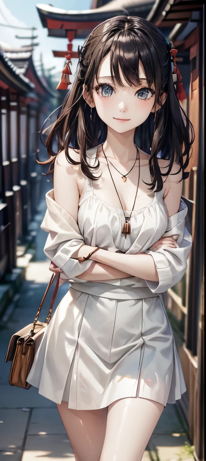masterpiece、((focus on the face))、(full body shot、Full body photo including face)、((Symmetrical facial features))、OL、Eyes of minute description、beautiful girl、outstanding style、slender body、(small ass、thin thighs)、(smiling shyly、Watery eye)、white knee-length skirt、pantyhose、(high heels、anklets of the same color)、Photo showing the whole body、one handbag in one hand、head to toe photo、Please describe the face in detail、small earrings、necklace、Walking inside the Senbon Torii gates of Fushimi Inari Taisha Shrine、high angle、The subject is far away、shallow depth of field、wide angle focal length、upward glance、medium long flared skirt、Strong crosswinds