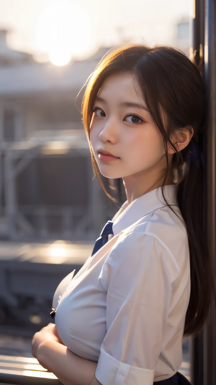 (masterpiece:1.2, highest quality), bokeh, 1 high school girl,
(Japanese idle:1.6), Plump breast, Blushed face, Looking at the viewer, standing at the train railway, high school uniform:1.6), sundown, Close up,