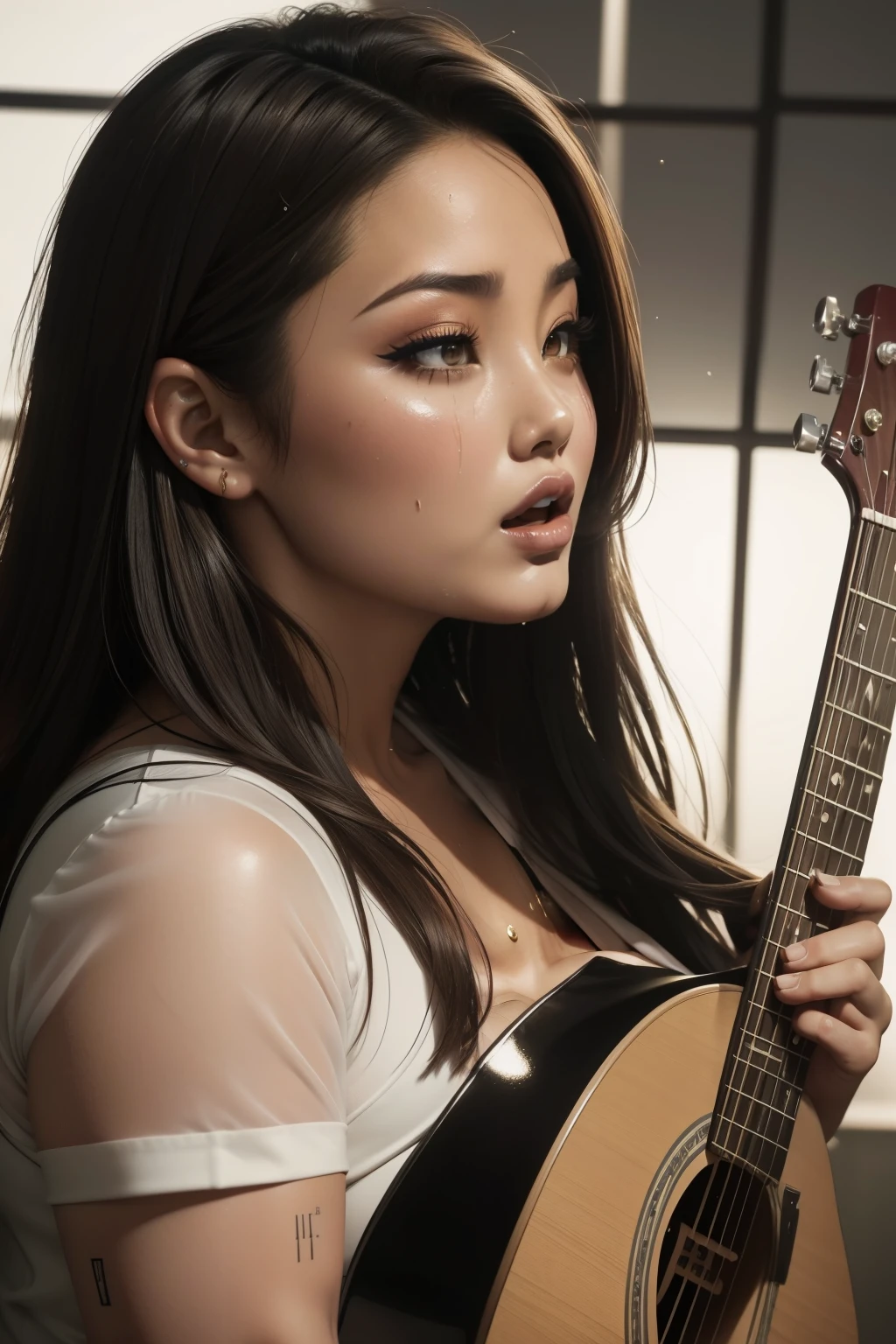 Lucy Pinder, (Jamie Chung), ((mouth wide open)), chubby woman, looking, ((VERY INTENSE MAKEUP))), Chun-li, Face portrait, portrait, (Adele), playing guitar, Singing, ((Sweating)), (beautiful dress)