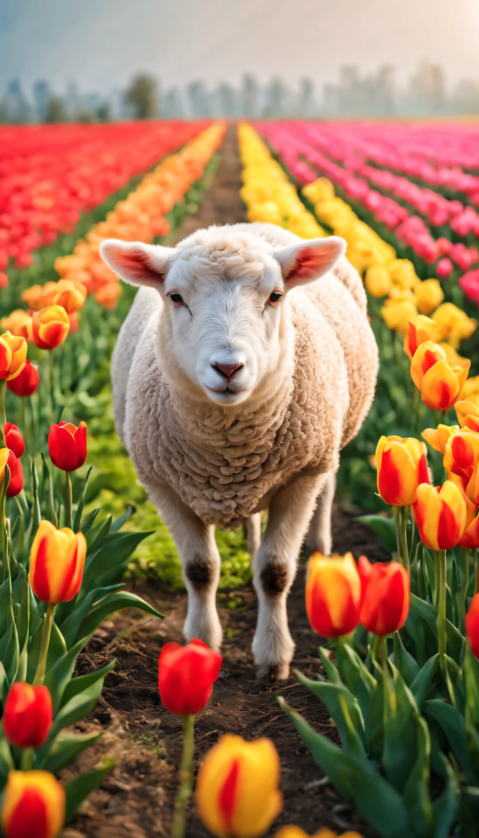 Photo of lamb in tulip field，Colorful tulips stretch as far as the eye can see.Flower sea background(HD)，(best quality,4k,8k,high resolution,masterpiece:1.2),super detailed,(actual,photoactual,photo-actual:1.37),Flower sea view,spring landscape,beautiful blooming flowers,clear blue sky,golden sunshine,bright colors,peaceful atmosphere,Peaceful and peaceful,Picturesque scenery,depth of field，Large aperture，photography，volumetric fog，halo，flowering，dramatic atmosphere，sunny morning.前景是清楚HD的玫瑰花