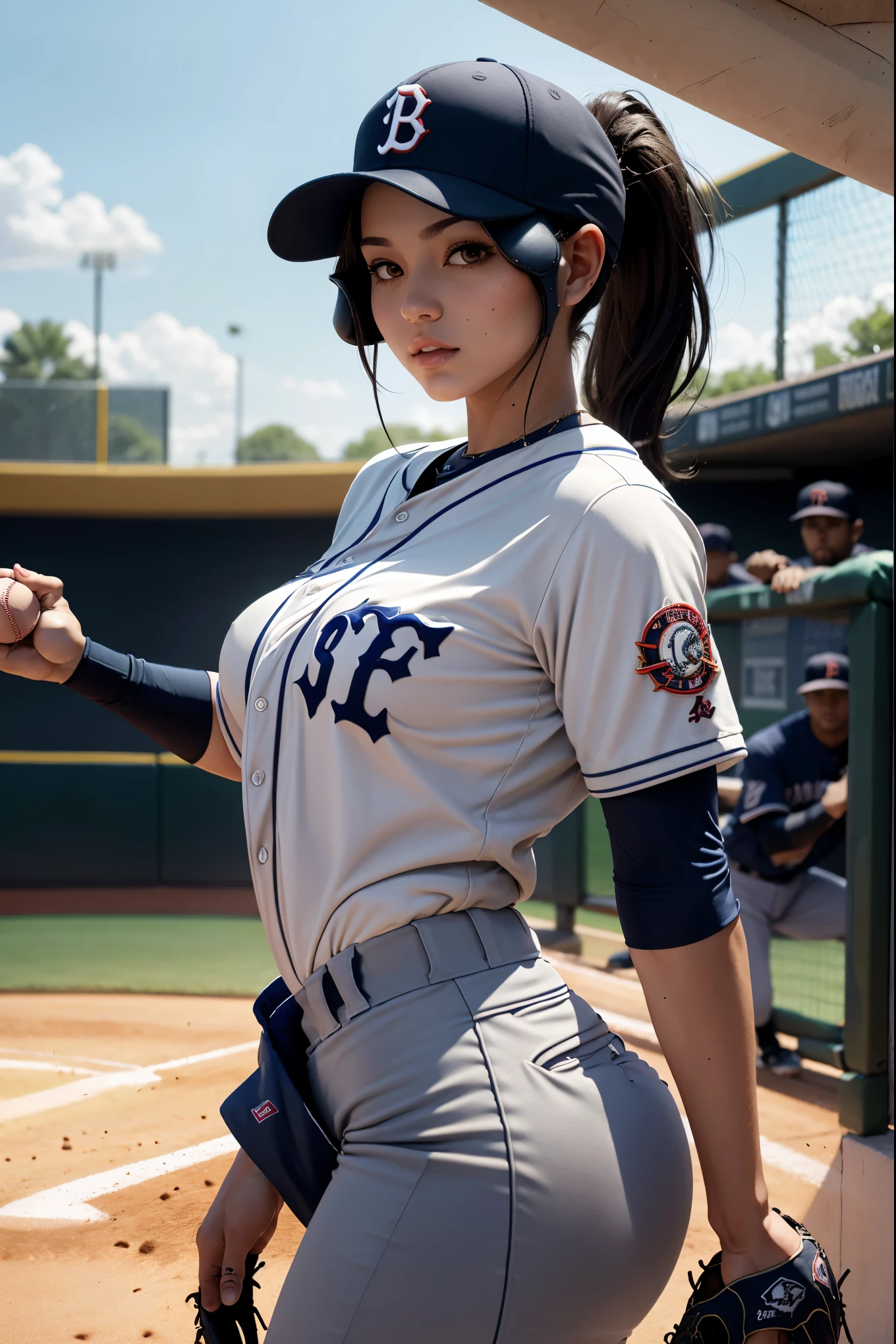 (Highest quality,8K,High resolution,Masseter muscle area:1.2),Super detailed,Realistic:1.37,Portraiture,Dynamic Angle,Women's Softball Players,Teenage Girl,Small Head,cute,sporty,Attractive face,Beautiful face with attention to detail,Extremely realistic skin,Wet Skin,Sweat,Large Breasts,Tight waist,Beautiful legs ,sporty,Softball Venues,Cinema Lighting,hot pants, head to feet 