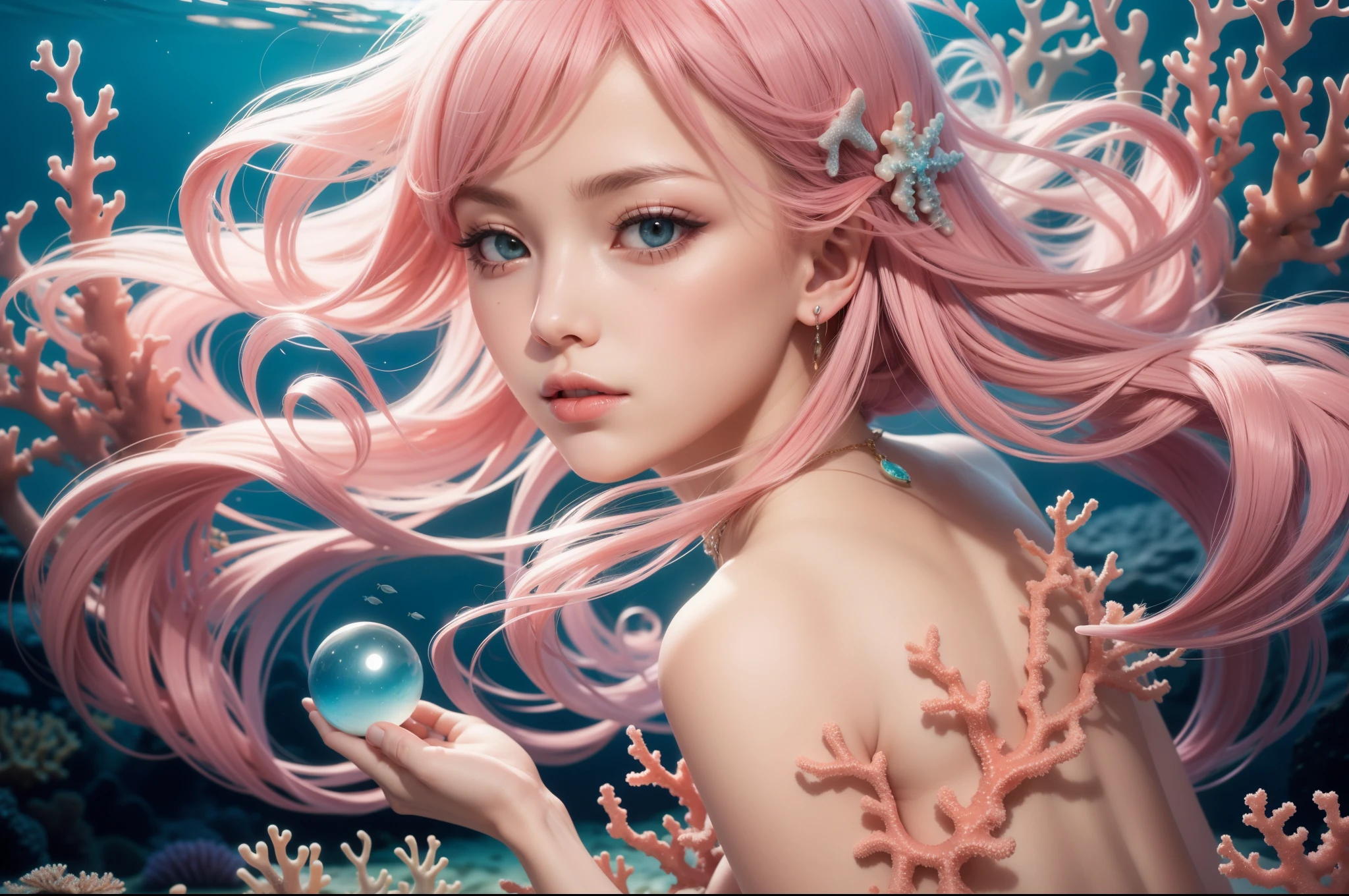1girl, ager 18 years old, Asian, her hair dissolves very quickly under water becoming bald, Frightened eyes, open mouth, moaning, amazed, spreading her legs on tiptoes, caressing her body with her hands as if she was washing, obligatory, underwater, seabed, Stones and corals, Some hair walks in the water, air bubbles escaping from his mouth, His body floats underwater, shows him, (((( (naked))))),