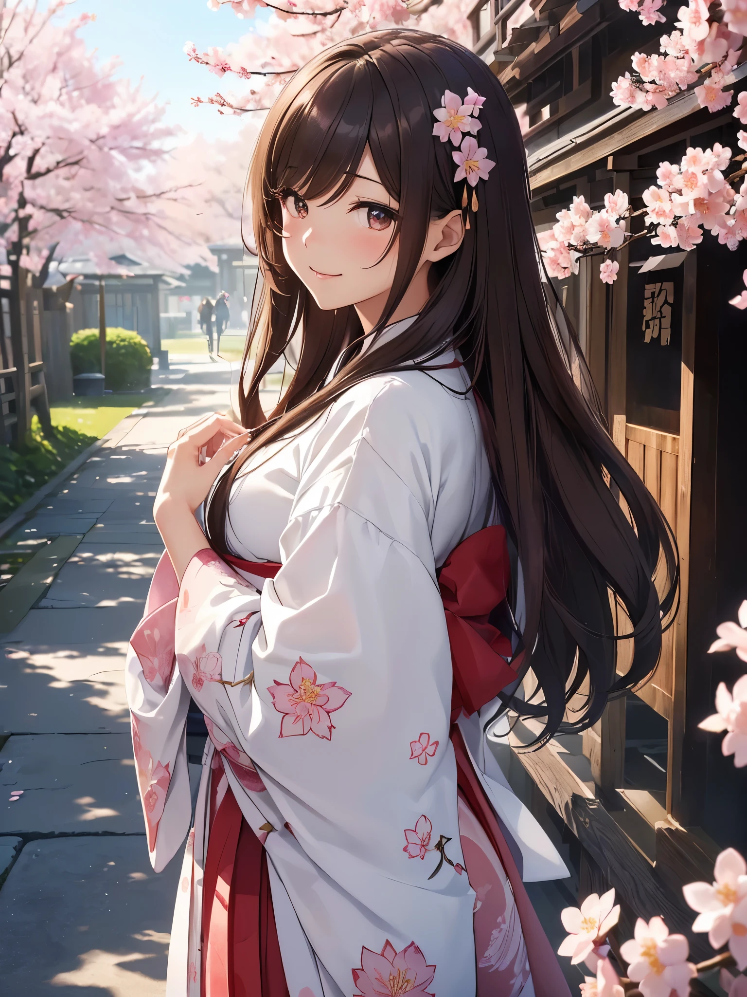 highest quality、Highest image quality、masterpiece、),cherry blossoms祭りgravure shot、Angle seen from behind、back angle、日本kimono超美形美女((22 years old OL big bust、,beautiful long ironed hair、brown hair、slender、beautiful ,Close-up、Esbian、beautiful fan,beautiful high quality、beautiful art、)muste piece、visual art、Depth of the bounds written、、magic of light、🎵friendly smile、gentle light、、skin-friendly、、ticker beautiful decorative、spring、cherry blossoms、cherry blossoms舞い散る、cherry blossomsの花びら、沢山のcherry blossoms、fill with petals、outside、forest、Nature、elegant、mystical　rosa、　 、、friendly smile、kimono、kimono、Japanese culture、Beautiful eyes staring at us、Beautiful、beautiful hands、refreshing、Femme fatale、stretch your arms

(gorgeous  body) (see thorough:1.5),、Fujiko Mine、
、.UHD..detailed details、powerful、、.Approaching、1 nearby.8、cowboyshot.、super REALITY、model  shot ,、stylish、dramatic、light、hip、レンブラントlight、back right、magicalgentle light,smoke ,UHD