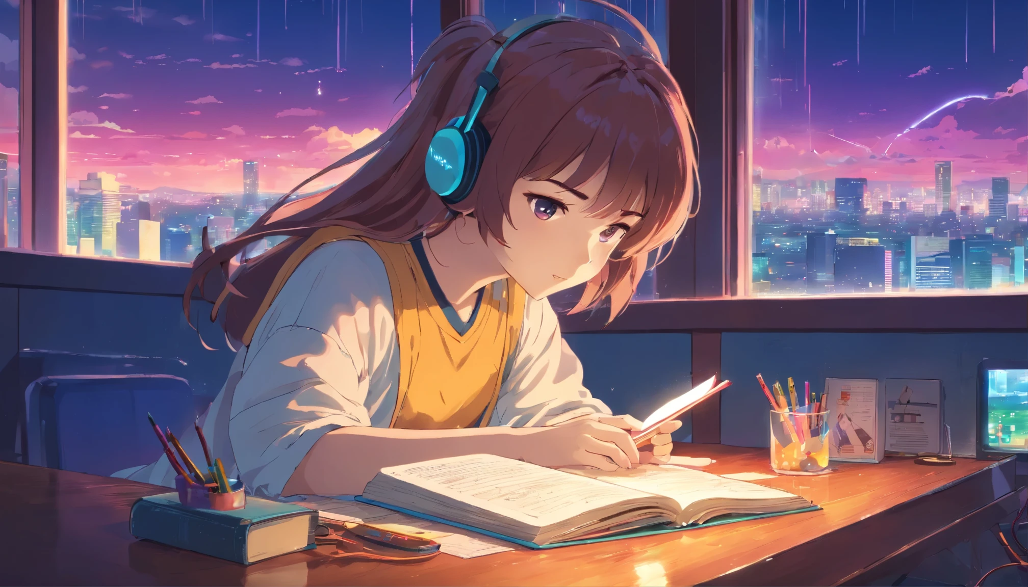 (lofi), Girl studying on the table, Reading a book, Put on the headphones, , Night light, Neon landscape on a rainy day,Analog Color Theme, Lo-Fi Hip Hop , Retrospective, Flat, 2.5D ,line-drawing, Ink drawing, Large incline, watercolor paiting, Goosch color, Studio Ghibli style, Awesome colorful, Outturn, Synth Wave, lofi art,90s style,Old textures, amplitude,90s atmosphere, masutepiece, Huge skill