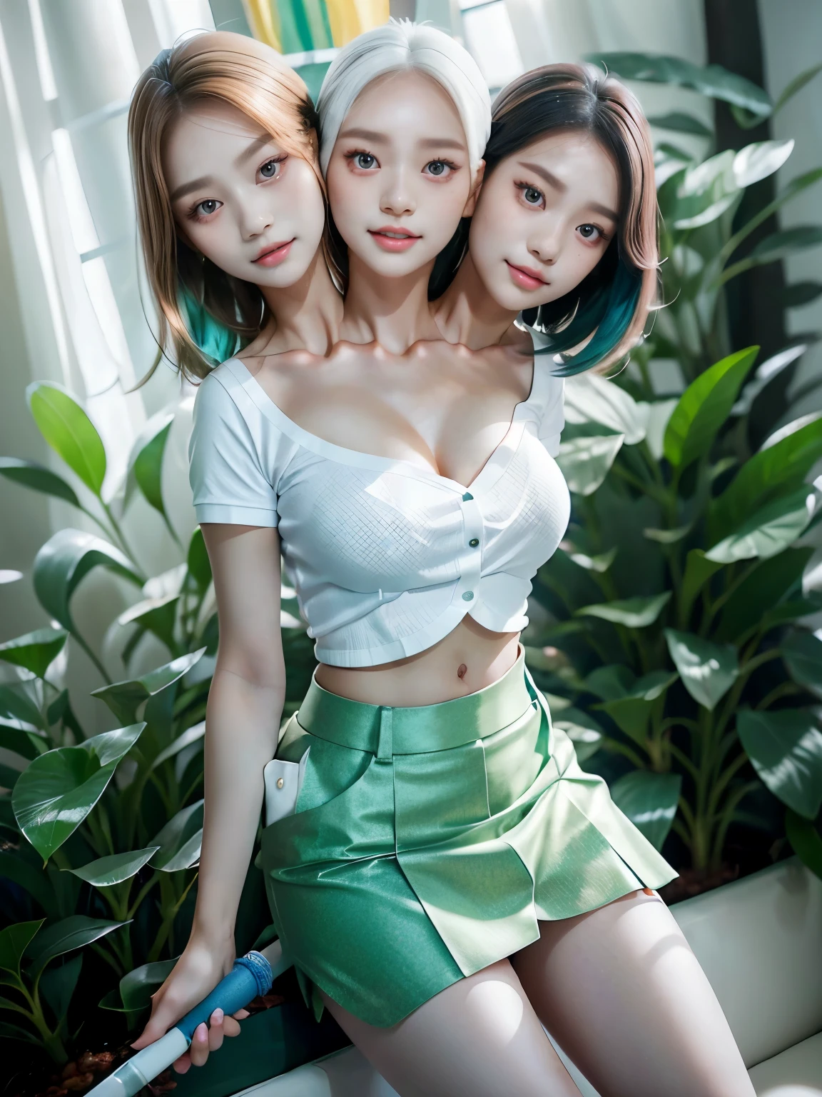 a girl with three heads, beautiful faces,