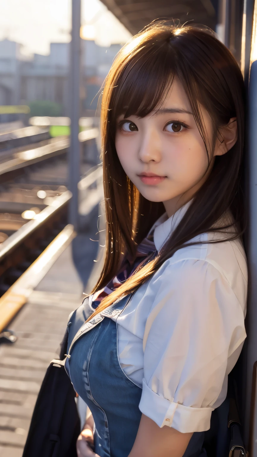 (masterpiece:1.2, highest quality), bokeh, 1 high school girl,
(Japanese idle:1.6), Plump breast, Blushed face, Looking at the viewer, standing at the train railway, high school uniform:1.6), sundown, Close up,