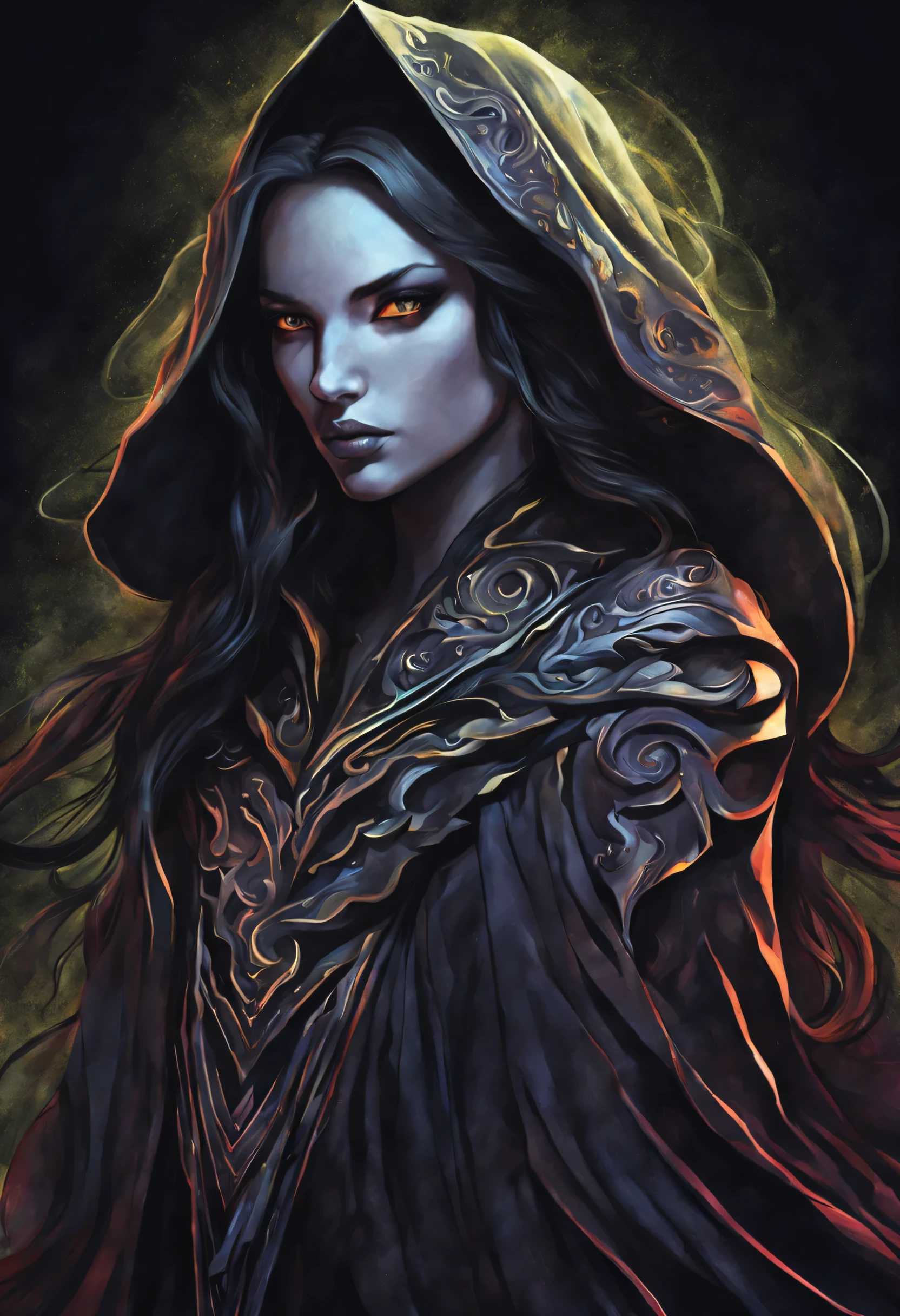 Create a pencil sketch of a mysterious character named "Nyx" who embodies the duality of light and darkness. Nyx has long flowing hair and wears a cloak that obscures half of their face, adding to the enigmatic aura.

In the sketch, depict one half of Nyx's face and attire in vivid, vibrant colors symbolizing vitality, while the other half remains in detailed monochrome, accentuating the shadows and mystery surrounding Nyx. Let the contrast between the colored and monochrome parts highlight the character's internal conflict or complexity.

Consider incorporating subtle elements such as wisps of shadowy tendrils intertwining with the vibrant colors to emphasize Nyx's dual nature.

Feel free to add any additional details or embellishments that enhance the character's mystique and captivate the viewer's imagination.