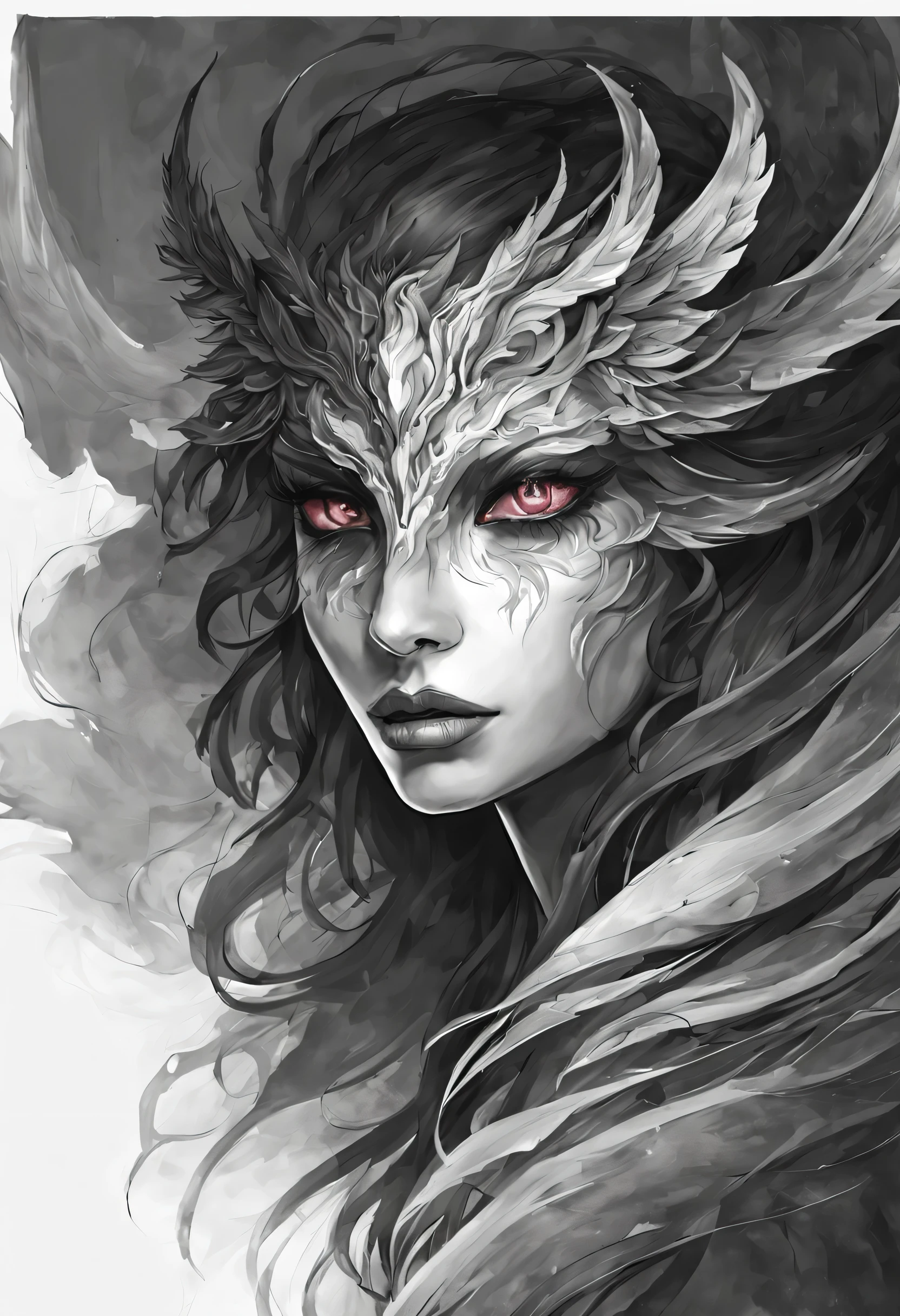 Create a pencil sketch of a mysterious character named "Nyx" who embodies the duality of light and darkness. Nyx has long flowing hair and wears a cloak that obscures half of their face, adding to the enigmatic aura.

In the sketch, depict one half of Nyx's face and attire in vivid, vibrant colors symbolizing vitality, while the other half remains in detailed monochrome, accentuating the shadows and mystery surrounding Nyx. Let the contrast between the colored and monochrome parts highlight the character's internal conflict or complexity.

Consider incorporating subtle elements such as wisps of shadowy tendrils intertwining with the vibrant colors to emphasize Nyx's dual nature.

Feel free to add any additional details or embellishments that enhance the character's mystique and captivate the viewer's imagination.